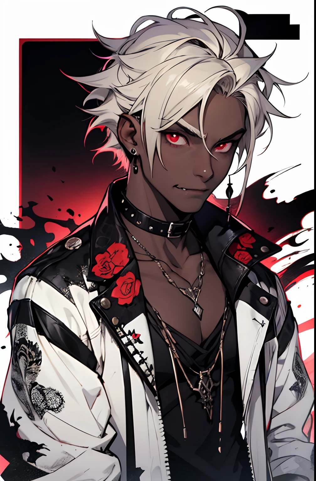 1boys,Single person,Young men,l vampire,fang,Y2K,Emo style,non-mainstream,Mines are boys,Harajuku style,Exaggerated dressing,Intricate ornaments,Rock style,Gothic style,rivet,ear studs,One-sided earring, pale blonde hair,silver ring,dark-skinned, dark-skin male, glowing red eyes, black fingernails, white background