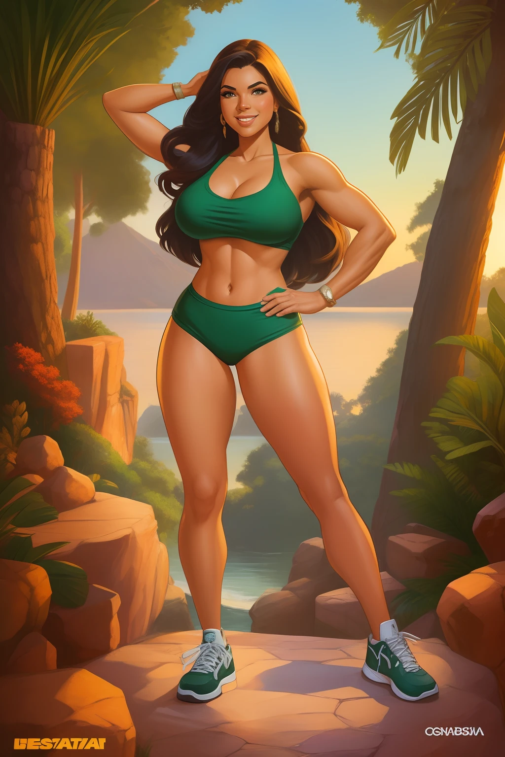 (SFW)Inspirado na arte de John Buscema,1 garota, cabelos encaracolados longos, pelos castanhos, olhos negros, corpo delgado, middlebreasts, sorridente, usando uma camiseta de mangas brancas, shorts rasgados, Foot sneakers, standing posing, apreciando a vista, de cima de uma escadaria de um parque florestal, cena detalhada, cena perfeita,(SFW)