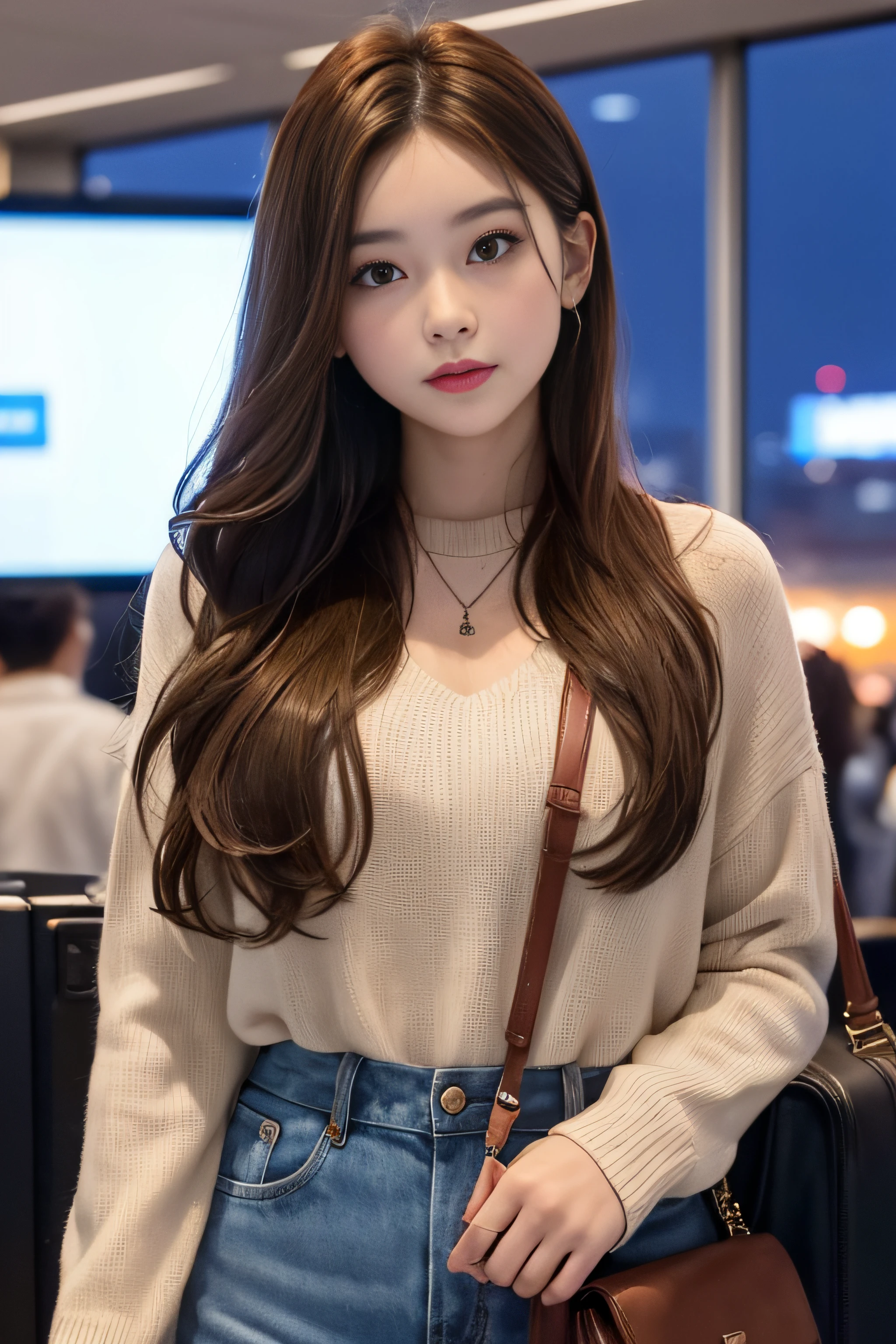 1womanl、Early 20s、(Strong-willed super beautiful woman)、(ultra beautiful faces)、is standing、Wearing makeup、Wavy brown hair、(Airport at night:1.1)、Large windows at the departure gate、(Night view from the background window)、Shallow depth of field