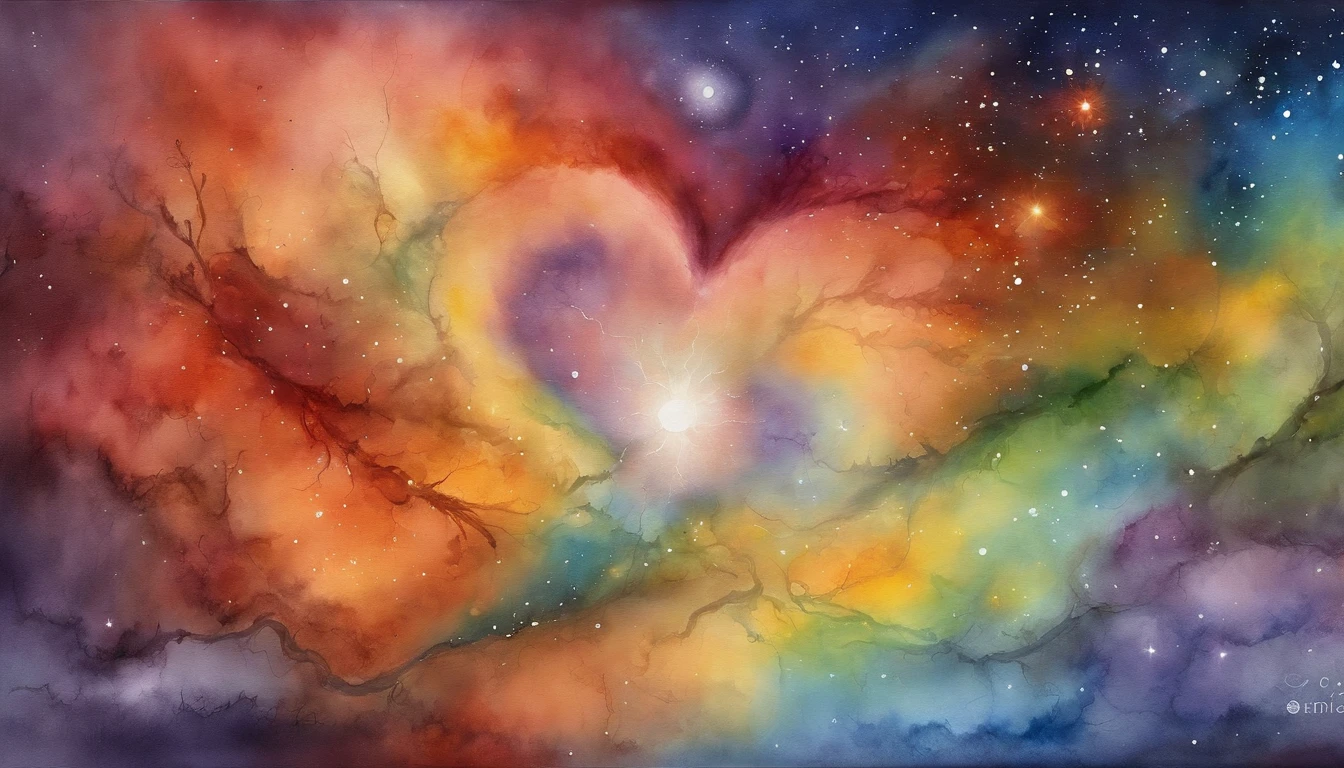A celestial being emerges from the heart of a colorful nebula, its luminous form reflecting the vibrant tones of cosmic expansion. Crie uma obra de arte que ressoe com o espanto e a maravilha da beleza interestelar