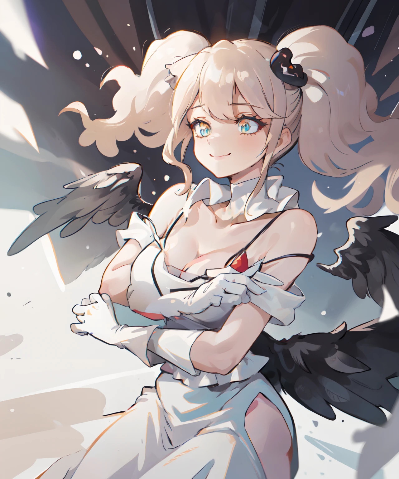 1girl, solo, al1, demon horns, white gloves, white dress, bare shoulders, detached collar, cleavage, slit pupils, black wings, feathered wings, low wings, dynamic angle, dungeon, smile,