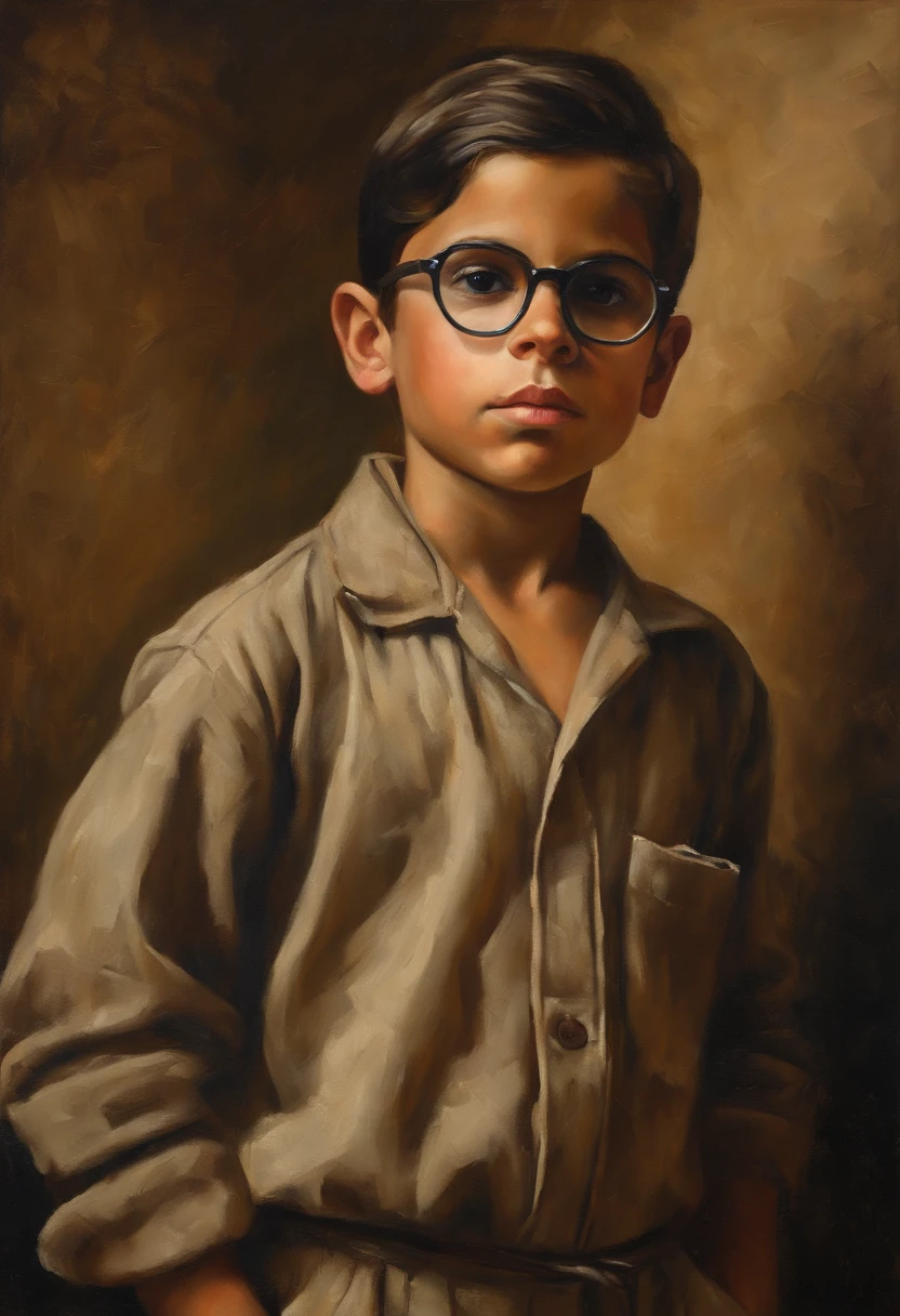 an oil painting capturing a **-****-*** boy in a jumpsuit and glasses, reminiscent of Diego Velázquez's masterful realism. The boy stands against a textured, rustic background, his expression thoughtful and introspective. Warm, earthy tones dominate the palette, creating a sense of depth and richness.