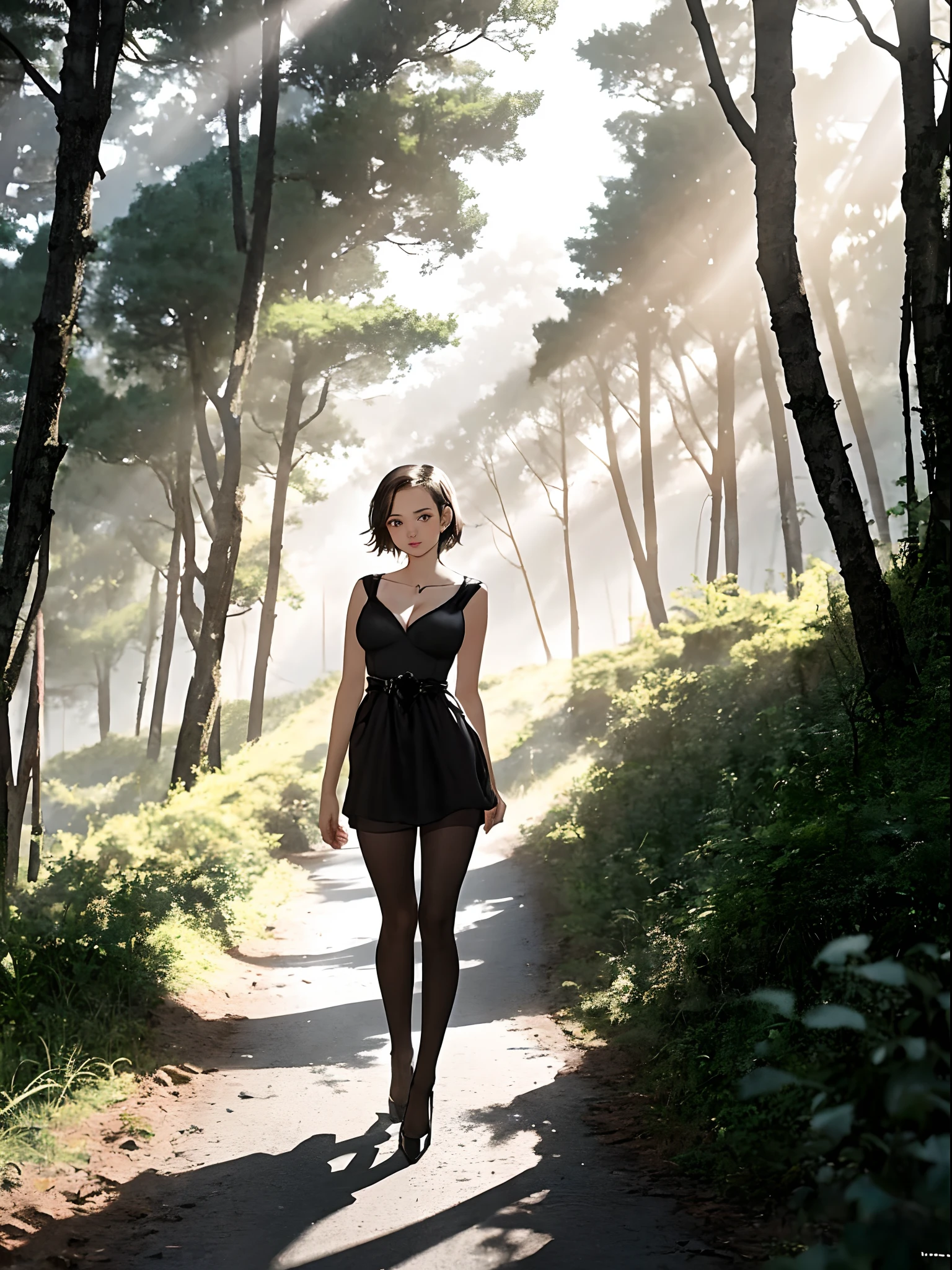 ((-teen girl)), tilack dress with a V-neck, black tights to the waist, high heels, cleavage breasts, photo of the girl breast to face, very light skin, short hair, wooden houses in the forest, sunset, photorealistic, indirect lighting, volumetric light, ray tracing, hyperdetailed