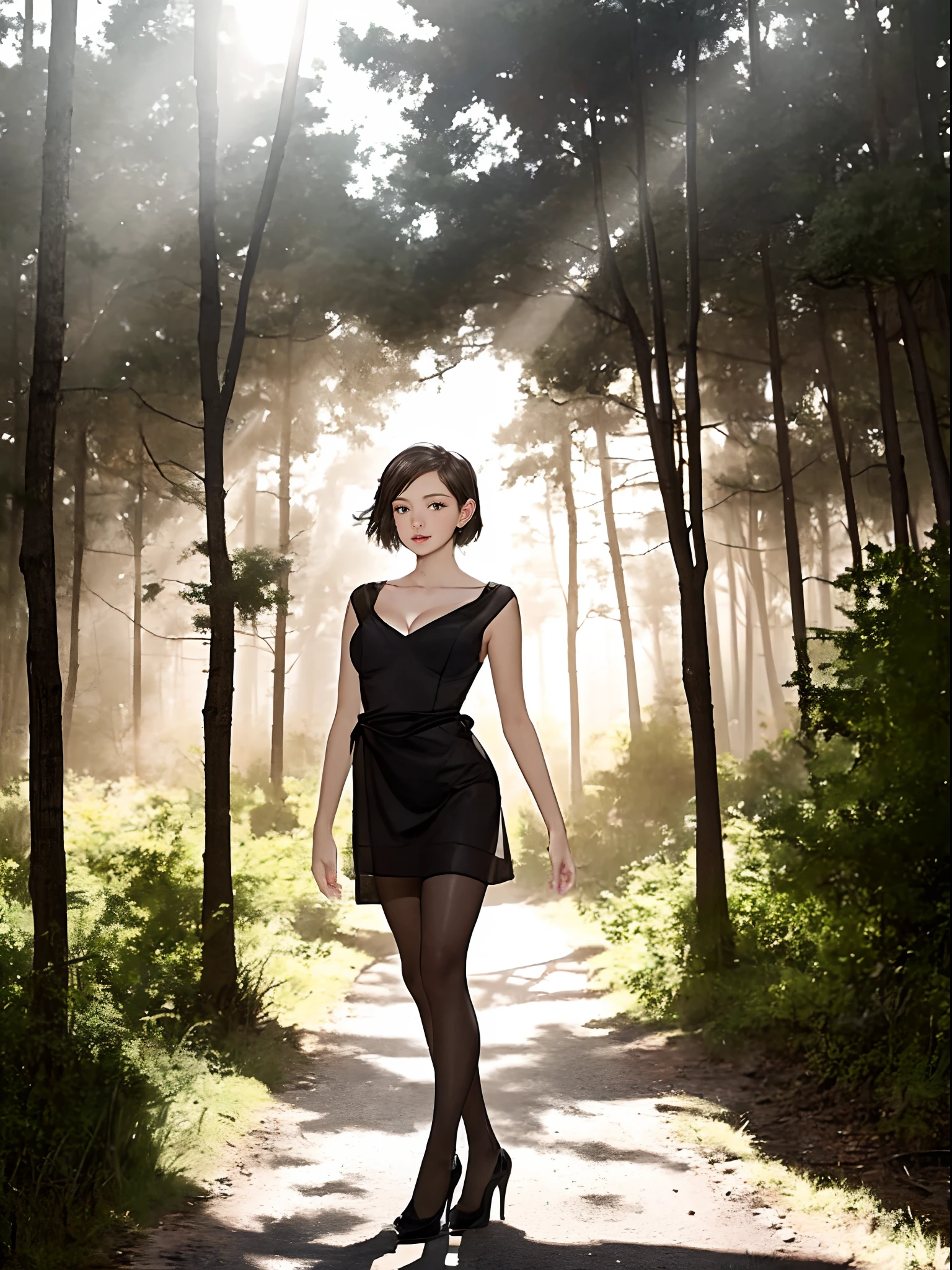 ((-teen girl)), tilack dress with a V-neck, black tights to the waist, high heels, cleavage breasts, photo of the girl breast to face, very light skin, short hair, wooden houses in the forest, sunset, photorealistic, indirect lighting, volumetric light, ray tracing, hyperdetailed