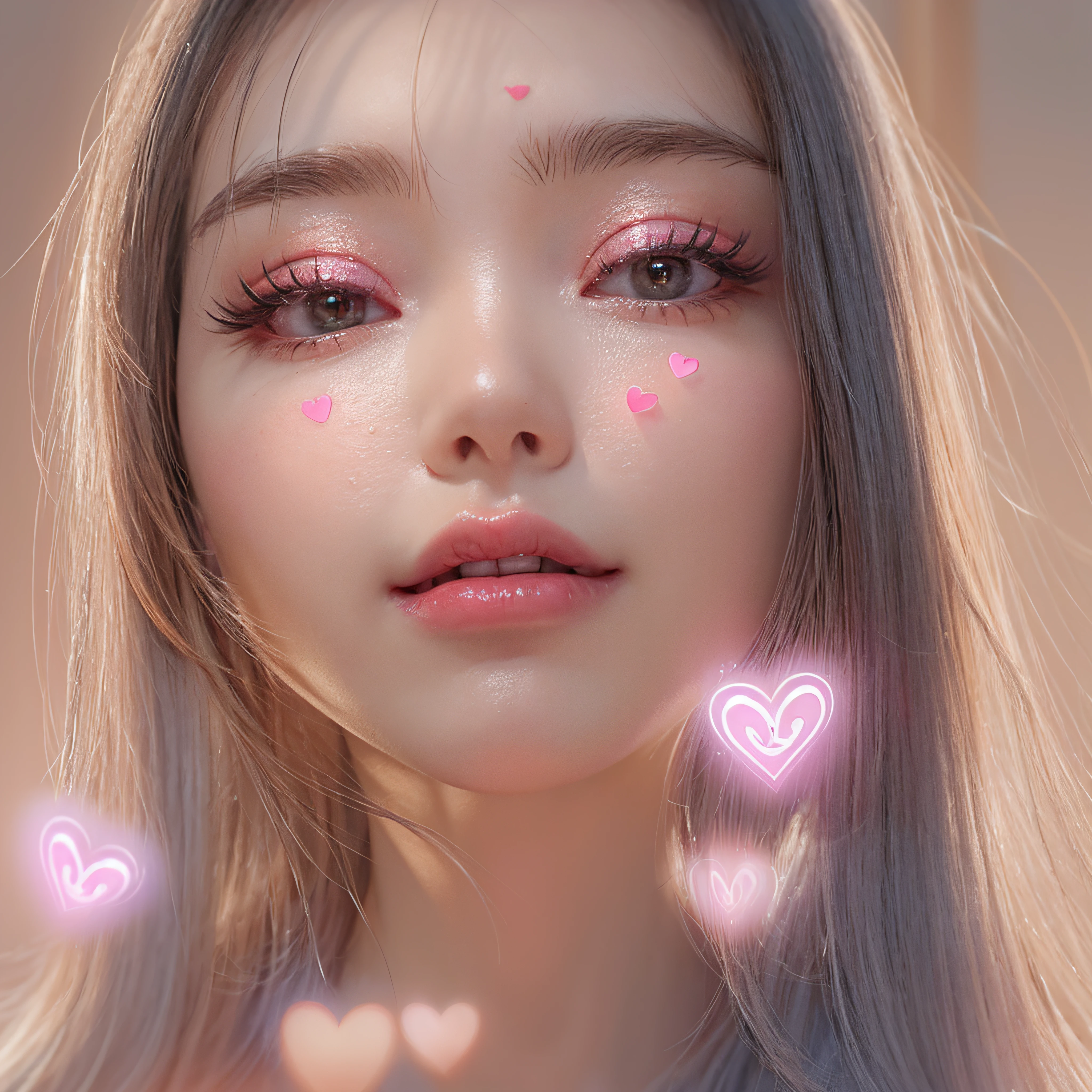 hitornfreckles、Close-up of laughing face、Designer、super model、makeup、Glossy lips、Shining eyes、(realisitic、hight resolution)、(1 girl in)、Do-Up Eye、Korean Girl、(Best Quality), (masutepiece), (1girl in), Solo, a beauty girl, Perfect face, dreamlikeart、Highly detailed airbrush art((Surreal))、Volumetric lighting、(top-quality)、The ultra-detailliert、Highly detailed colorful details、(Bright lighting)、dynamic compositions、Ray traching、The mirror reflects light、Shallow depth of field、ultra-detailliert、mixing  exposure、nffsw、Her eyes are glowing pink、Pink glowing 3D heart on background、Pink glowing heart on background