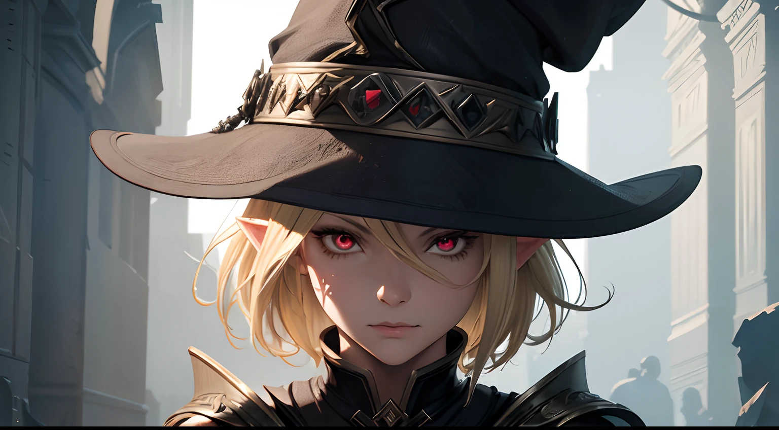 (best quality,ultra-detailed),(realistic:1.37),female elf witch,short blonde hair,red eyes,black mage hat,metal black armor,black sword,elves faces feature,detailed facial features,sharp focus,vivid colors,concept artists,studio lighting, fullbody