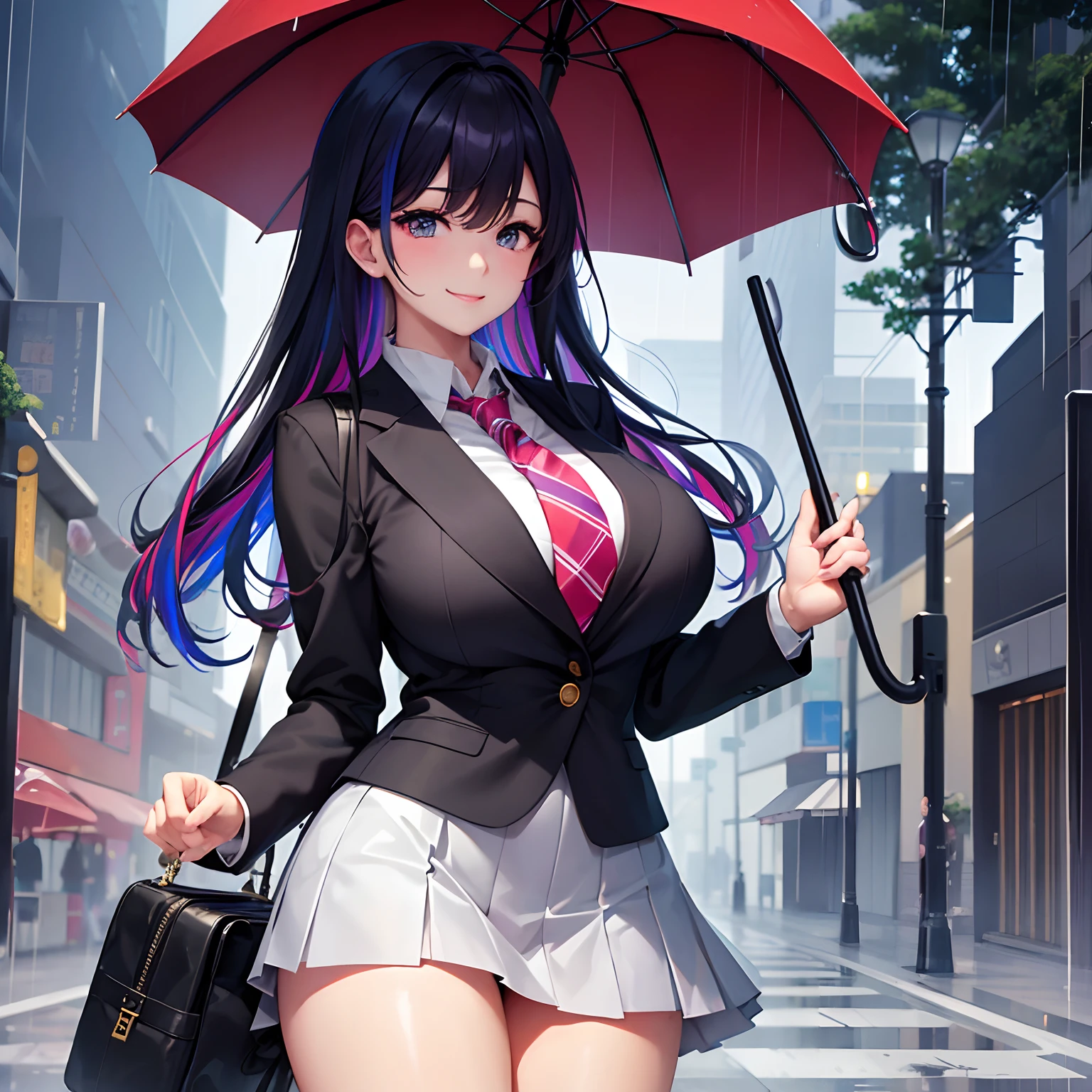 hi-school girl，校服、Black Blazer，Beautiful girl with umbrella，girl with，a smile，under the rain，top-quality，huge tit，超A high resolution，​masterpiece，Multicolored hair，Beautiful Beautiful Girl，Perfect facial features，