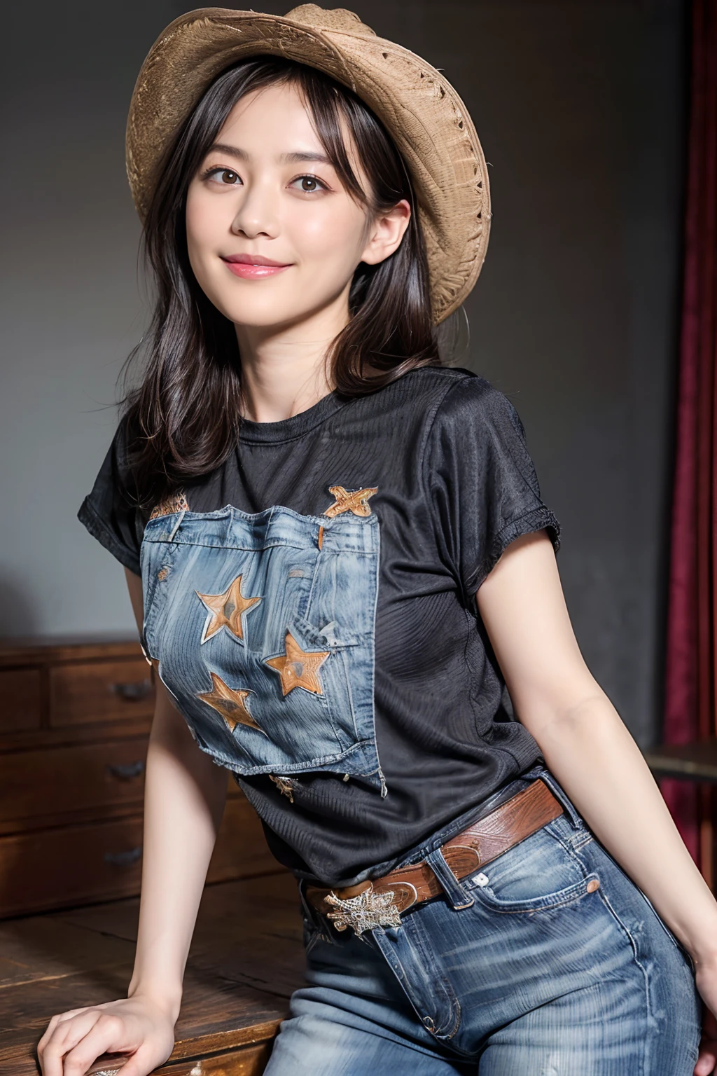 ((1womanl)),  (((Black Shorthair))), （masuter piece：1,3）、top-quality、​masterpiece、hight resolution、Original、highly detailed wallpaper、jeans、 (A slight smil)、a small face、((Full breasts))、(print t-shirt)、(Light on Face)、Live-action style, Beautiful facial features, Luxurious large room, (cowboy  shot:1.3)