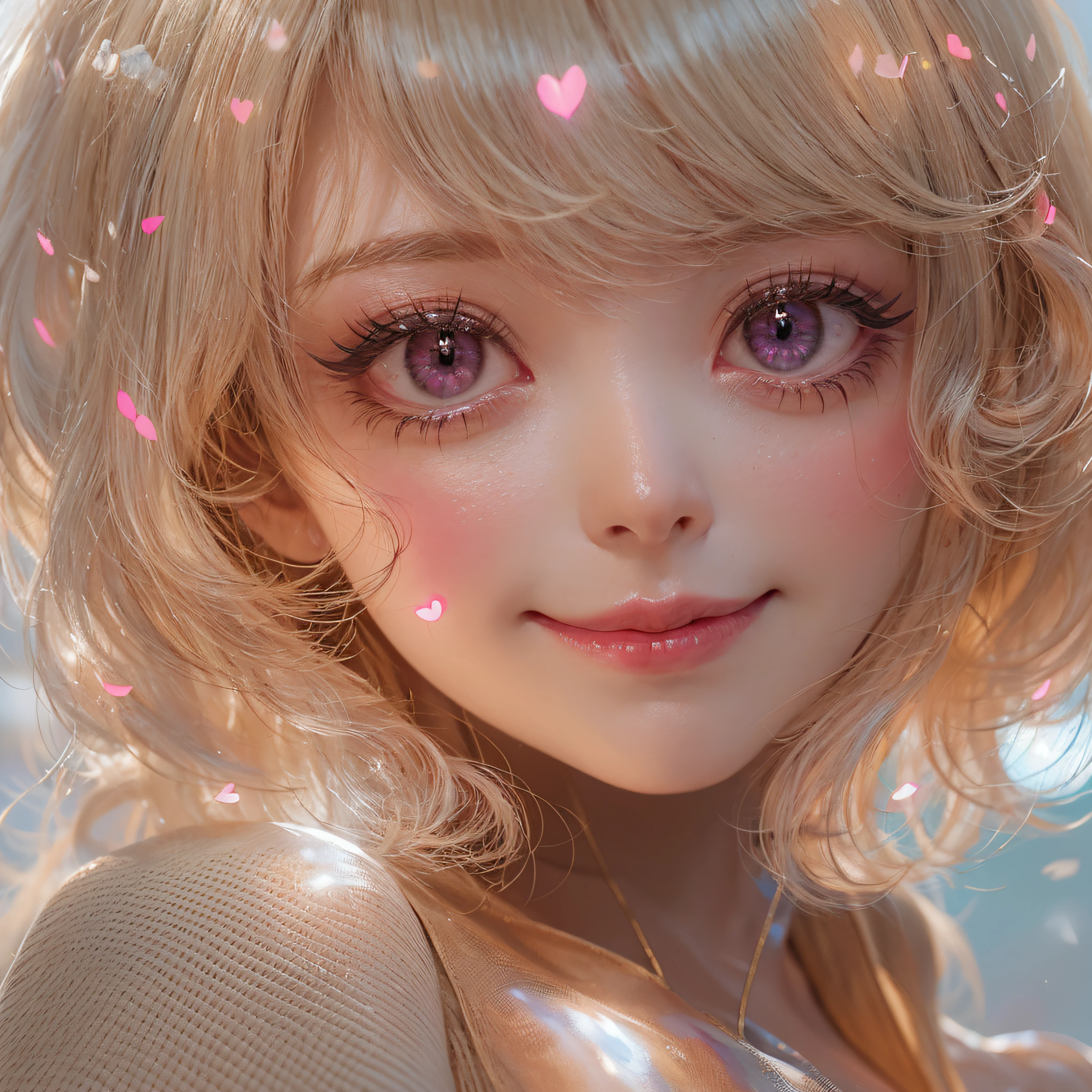 hitornfreckles、Close-up of laughing face、Designer、super model、makeup、Glossy lips、Shining eyes、(realisitic、hight resolution)、(1 girl in)、Do-Up Eye、Korean Girl、(Best Quality), (masutepiece), (1girl in), Solo, a beauty girl, Perfect face, dreamlikeart、Highly detailed airbrush art((Surreal))、Volumetric lighting、(top-quality)、The ultra-detailliert、Highly detailed colorful details、(Bright lighting)、dynamic compositions、Ray traching、The mirror reflects light、Shallow depth of field、ultra-detailliert、mixing  exposure、nffsw、Her eyes are glowing pink、Pink glowing 3D heart on background、Pink glowing heart on background