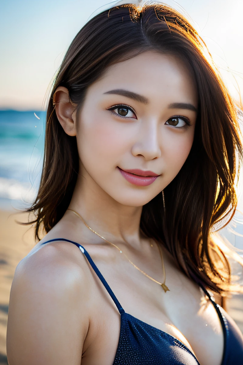 (masterpiece, best quality:1.4), (8k, raw photo, photo realistic:1.2), (shiny skin), detailed skin, detailed face, detailed eyes, 1girl, Japanese idol, extremely beautiful face, various poses, various hairstyles, various bikini, sandy beach, lighting like a movie, smile, happy, eyes light, necklace,
