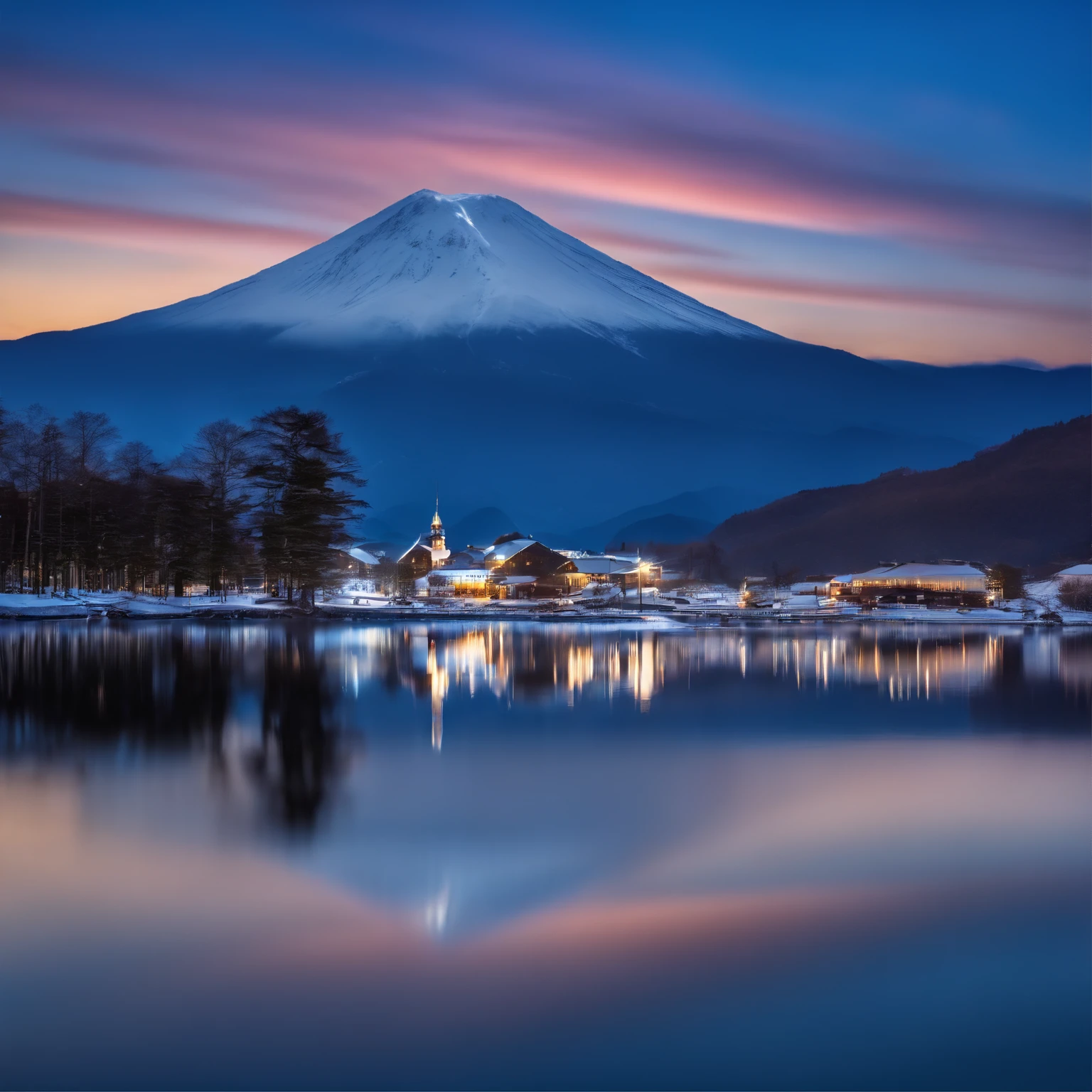 Master Parts、Superior Quality、superior image quality、The 8k quality、Beautiful pictures of the starry sky、magnifica、Arched Milky Way:1.9、Mt fuji、Blue glowing lake:1.9、(snowscape:1.9)
