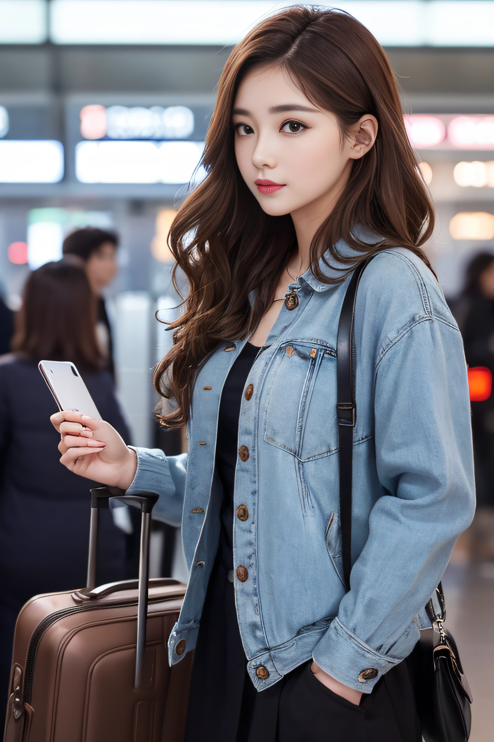 1womanl、Early 20s、(Strong-willed super beauty)、(ultra beautiful faces)、is standing、Wearing makeup、Wavy brown hair、(Airport at night:1.1)、Large windows at the departure gate、(Night view from the background window)、Shallow depth of field