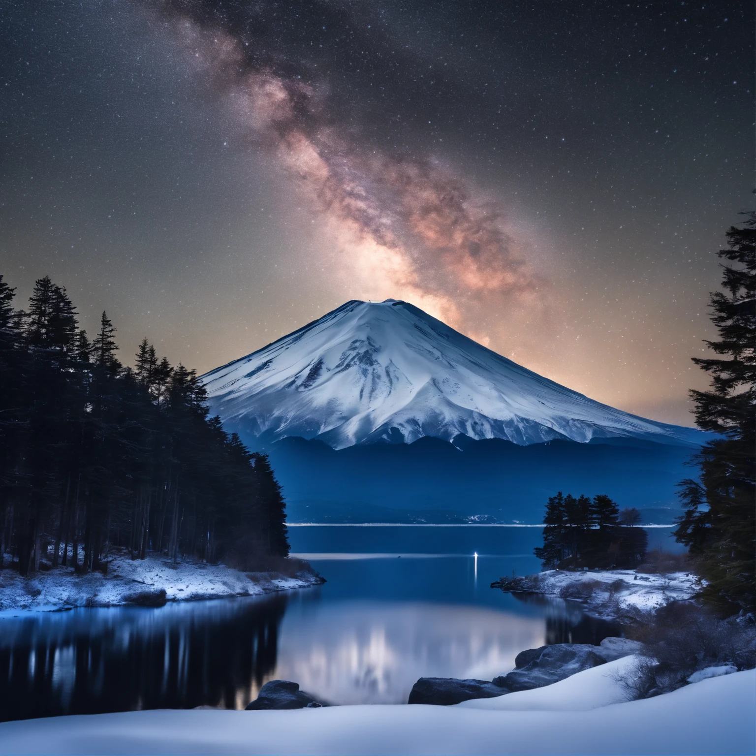 Master Parts、Superior Quality、superior image quality、The 8k quality、Beautiful pictures of the starry sky、magnifica、Arched Milky Way:1.9、Mt fuji、Blue glowing lake:1.9、(snowscape:1.9)