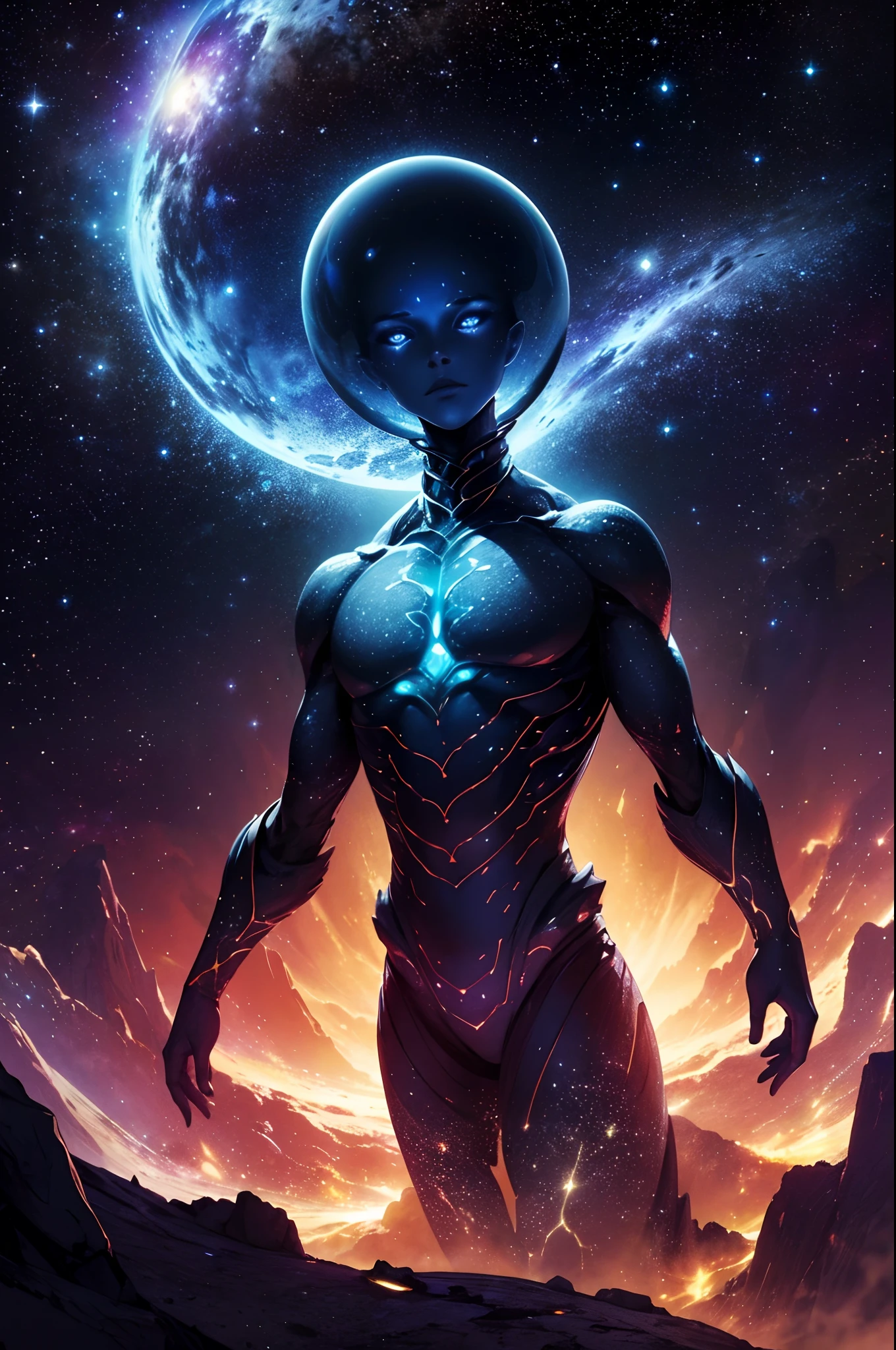 "cosmic entity": um ser com quatro olhos brilhantes, multiple arms, A breathtaking view from space reveals a twisted galaxy filled with strange life forms and entities that humans understand. Planet with night sky, fenda, leviathan, 8k, lindo, dramatic scene