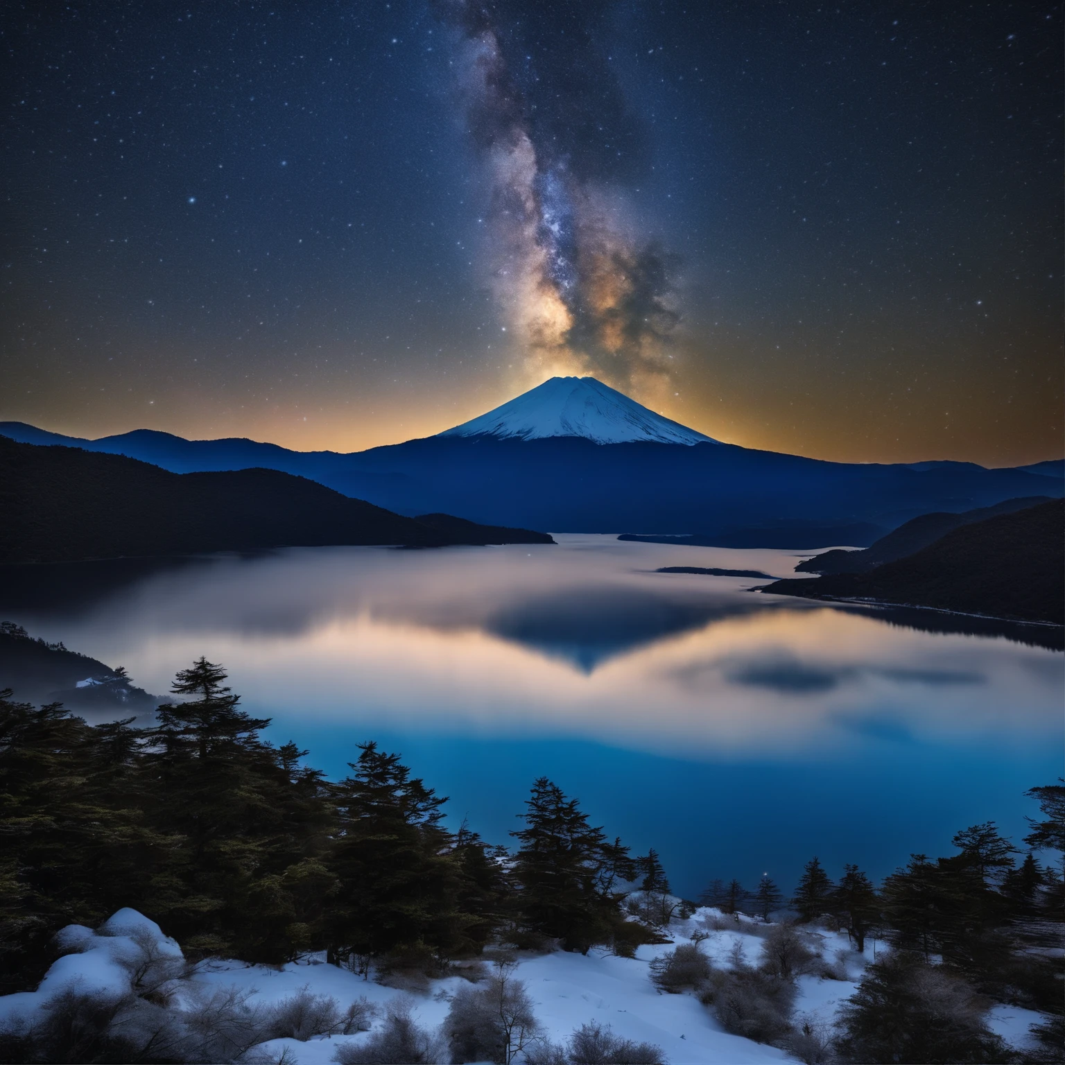 Master Parts、Superior Quality、superior image quality、The 8k quality、Beautiful pictures of the starry sky、magnifica、Arched Milky Way:1.9、Mt fuji、Blue glowing lake:1.9、(snowscape:1.9)