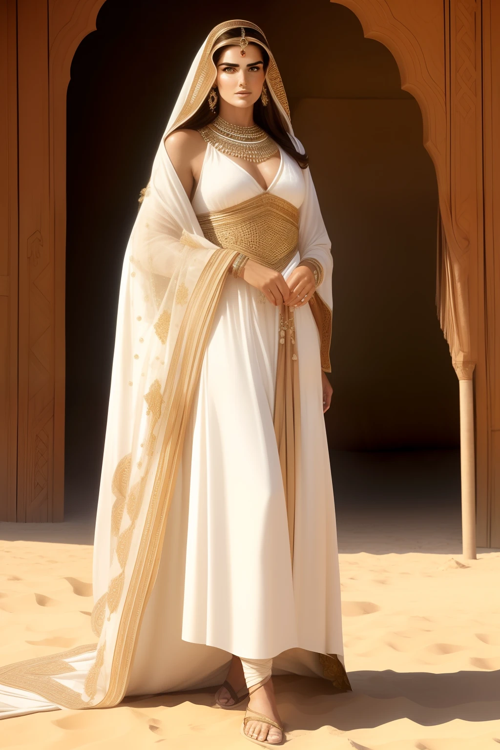 Brooke Shields,1 mulher, cabelos longos ondulados, pelos castanhos, olhos azuis, corpo delgado, olhar inquietante, wearing an Arab princess's outfit, Standing in a Bedouin tent, bare foots, Brooke Shields,((cena perfeita)), natural lightting,((arte detalhada)),((enquadramento perfeito))