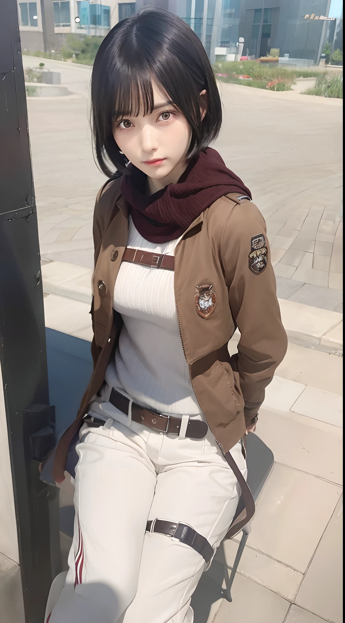 1girl, Mikasa Ackerman, brown jacket, short hair, black hair, realistic, ultra detail