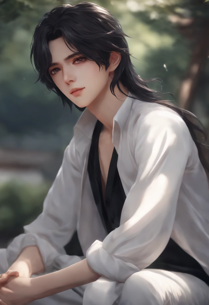 anime boy with long black hair and a white shirt, realistic anime 3 d style, photorealistic anime boy render, smooth anime cg art, 3 d anime realistic, photorealistic anime, realistic young anime boy, artwork in the style of guweiz, realistic anime artstyle, anime realism style, hyper realistic anime, anime style. 8k, digital anime art