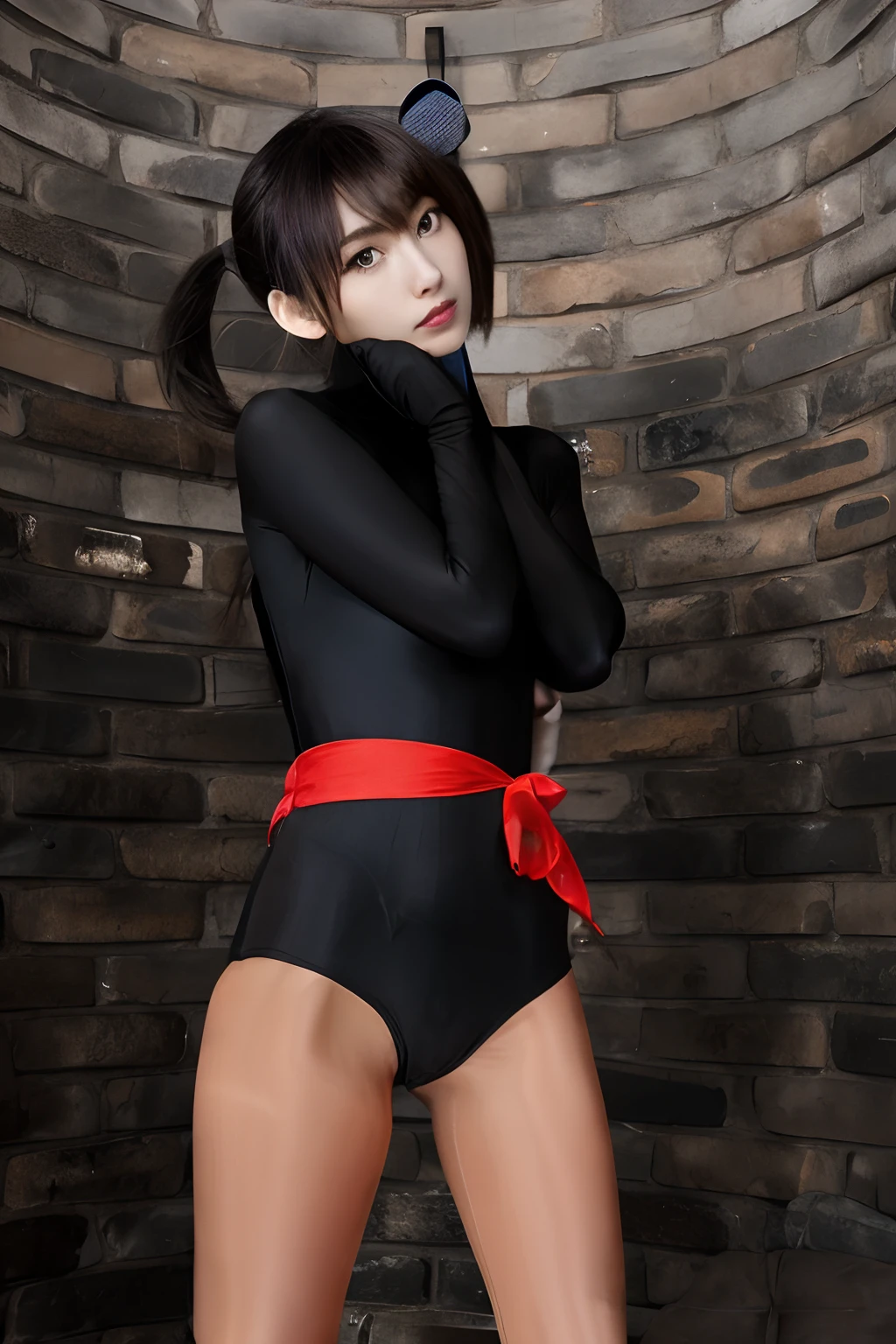 Woman in black bodysuit、 asuka suit under clothes!, Wearing black lycra clothes, Rin, Tifa, Anime girl cosplay, skintight black clothes、Realistic Young Gravure Idol, top-quality、skintight