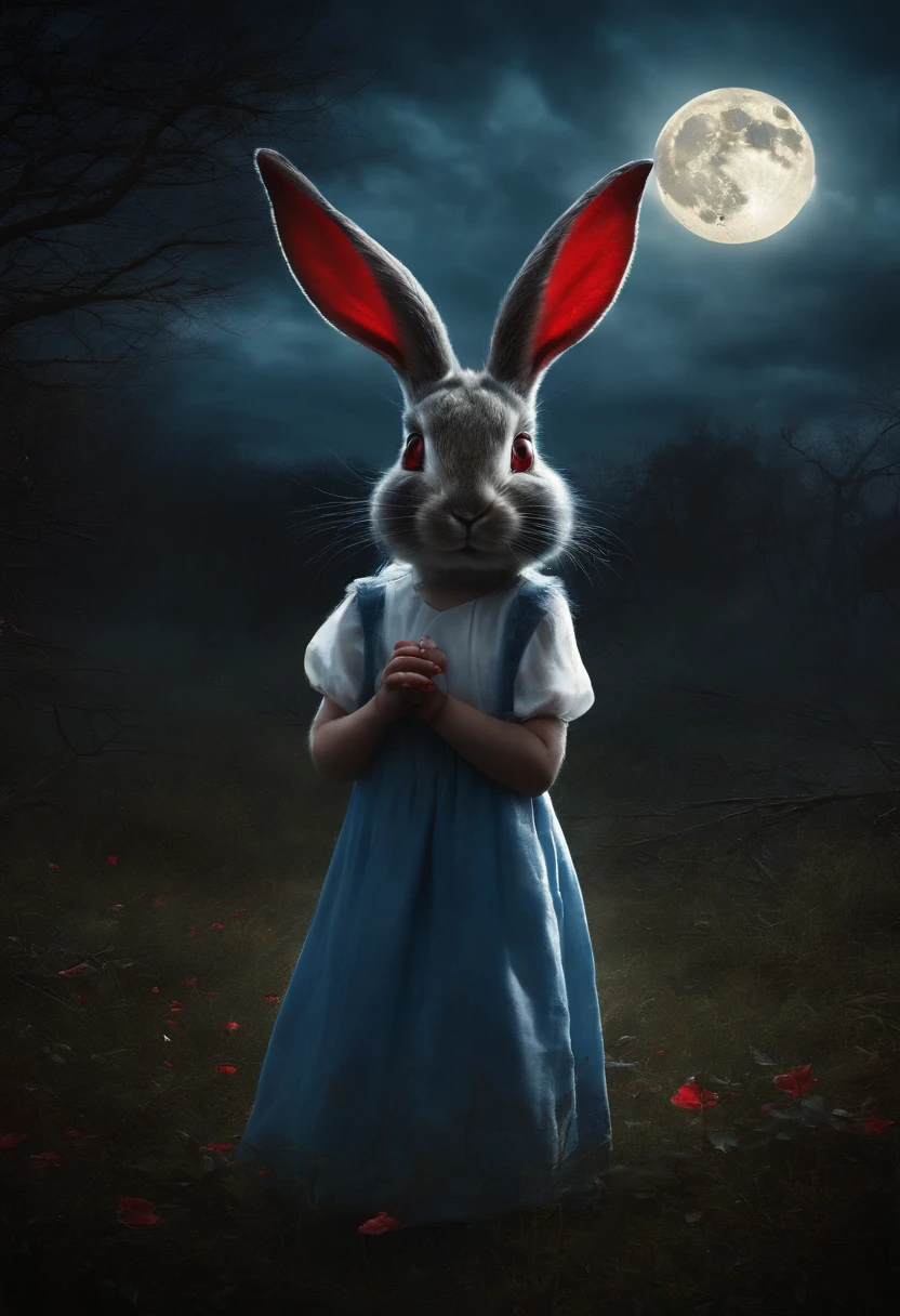 Imagine a monster child in a destroyed park with the demon-possessed rabbits blue fairies and red full moon