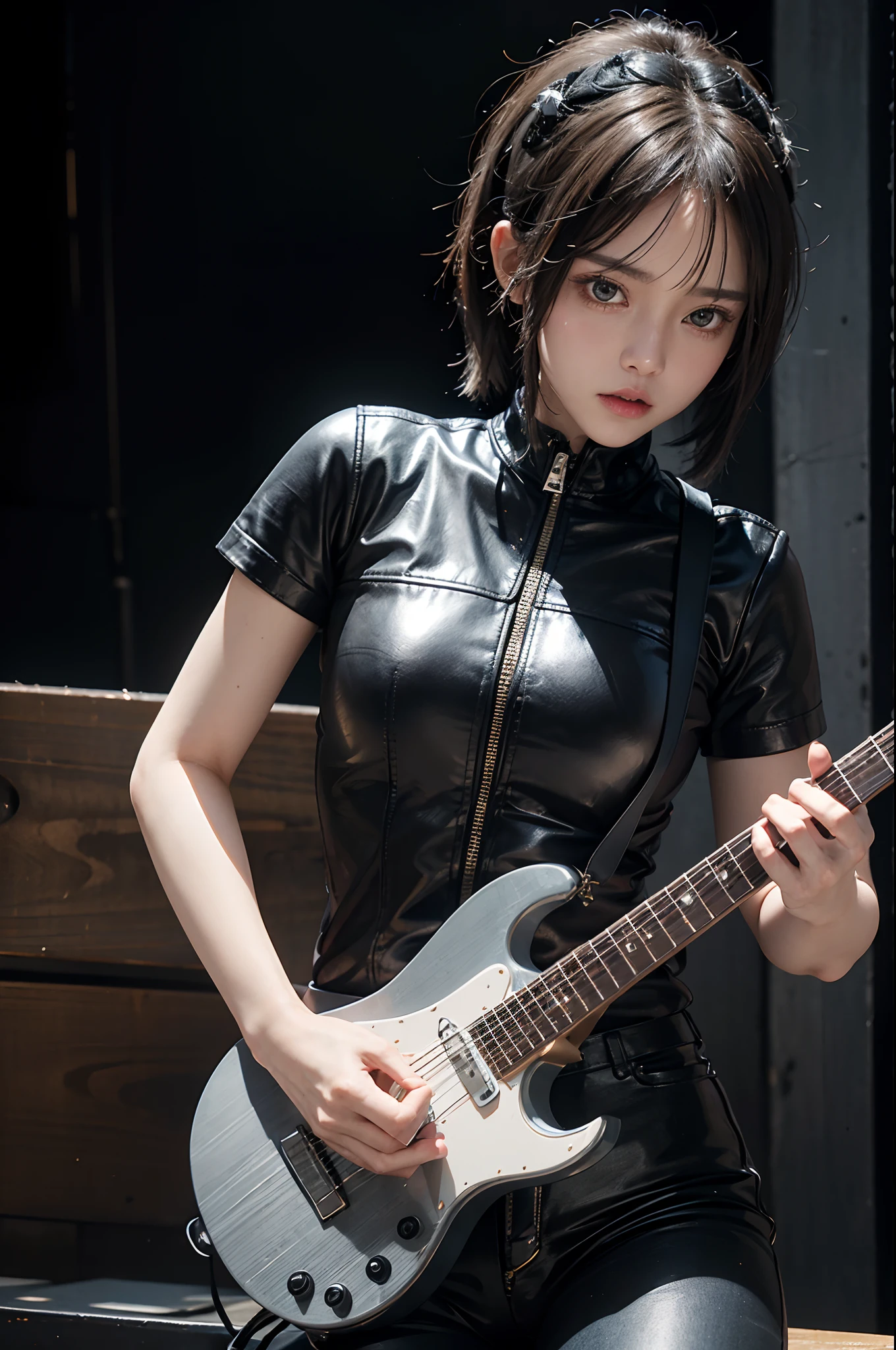 masterpiece、1 Beautiful Girl、A detailed face、A detailed eye、Detailed skin、top-quality、japanes、Illuminated from the front with bright lighting、profetional lighting、The background is a little blurry、short-hair(poneyTail)、The costume is black leather jeans(The front zipper is always open.)and black leather pants、Punkish girl、Tattoo of a star on the face、A glaring look、Angry、The background is the audience seats of a live house、There is a guitar beside me、