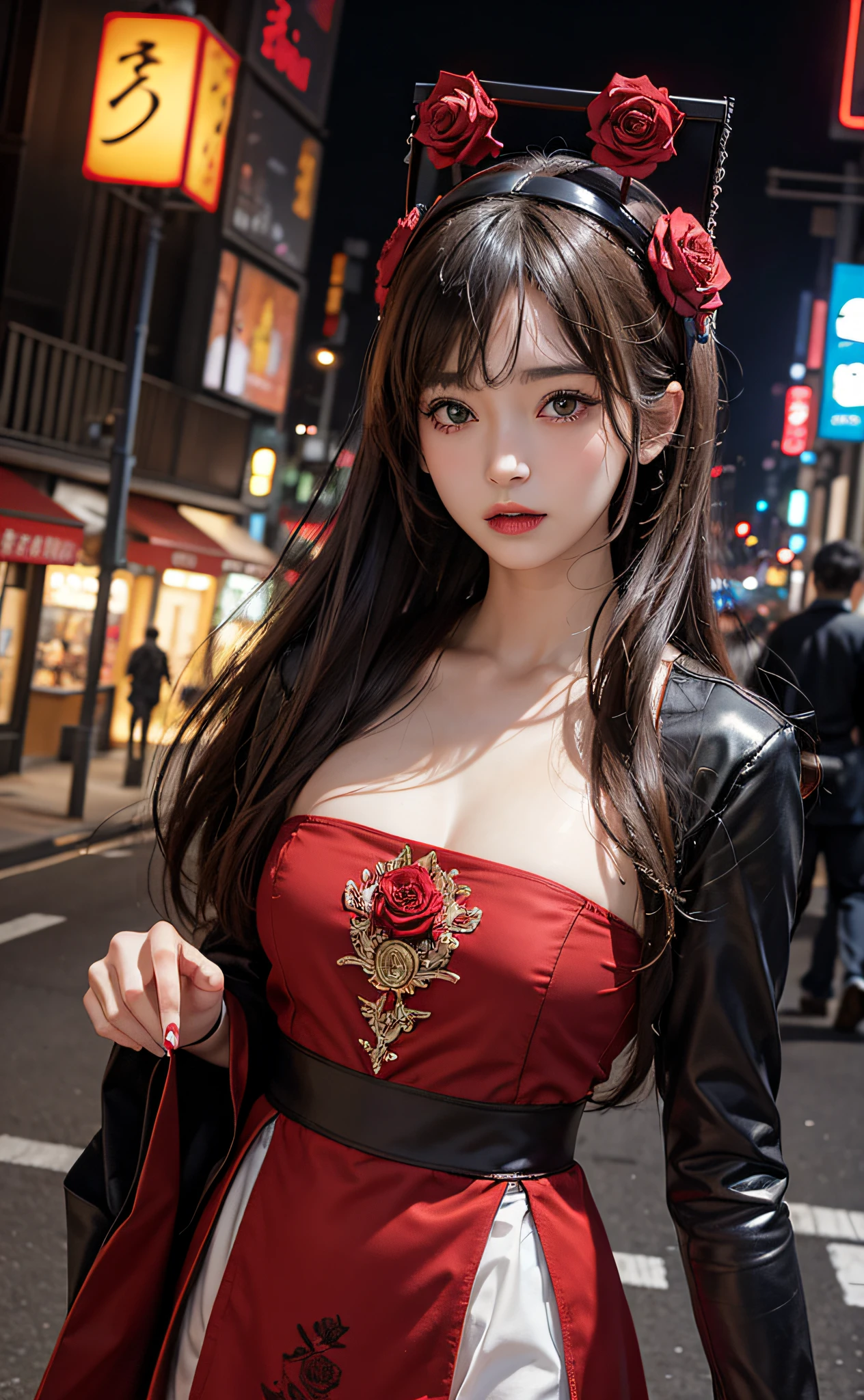 top-quality、masterpiece、realisitic、realistic、8k、1 RAW Photo Girl、Tokyo Street、natta、A city scape、city light、The upper part of the body、a closeup、Red rose headgear、Parted bangs、Long