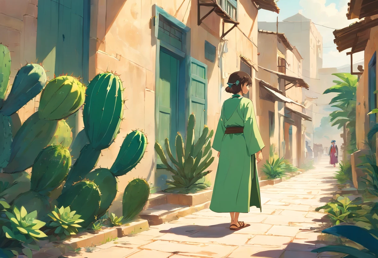 desenho realista, Landscape, Cactos, plantas suculentas, luz do dia, Grama Verde, flor de cacto, blue skies, papel de parede, suculentas coloridas, Montanhas, Natureza,"Create a Manga-style 3D illustration of a man walking gracefully while wearing traditional Judean clothing. Pay meticulous attention to the details of your costume, incluindo o manto, sandals, and any distinctive accessories. Ensure your posture and expressions reflect the historical and cultural context. Coloque o personagem em uma paisagem judaica visualmente deslumbrante, capturing the essence of the beauty and historical significance of the region. Use the characteristic style of the 3D manga to infuse charm and authenticity into the character, lone character.