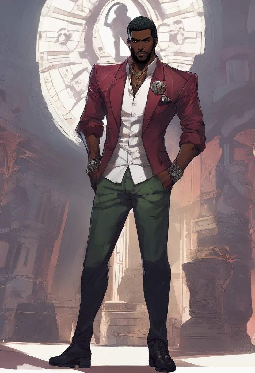a close up of a dark skin person wearing a formal shirt with pinstripe pants and black boots, while sporting a pair of brass knuckles and a burgundy jacket with skull insignias adorning the arms and a fur collar. This creates the visage of a high-class gangster. , African American character in tekken, dark green eyes, undercut hairstyle, half body close-up shot, male character, single character full body, full body shot hyperdetailed, style of mirror\'s edge, kentaro miura style, half body render,, highly detailed half body, half body portrait shot