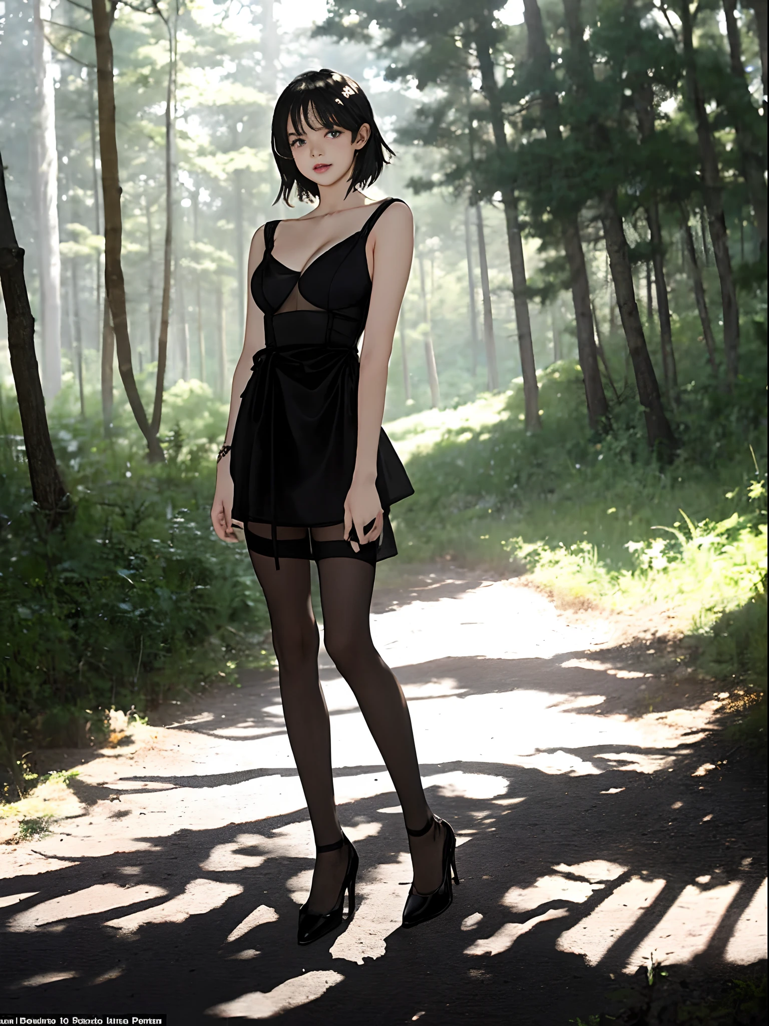 ((-teen girl)), tilack dress with a V-neck, black tights to the waist, high heels, cleavage breasts, photo of the girl breast to face, very light skin, short hair, wooden houses in the forest, sunset, photorealistic, indirect lighting, volumetric light, ray tracing, hyperdetailed