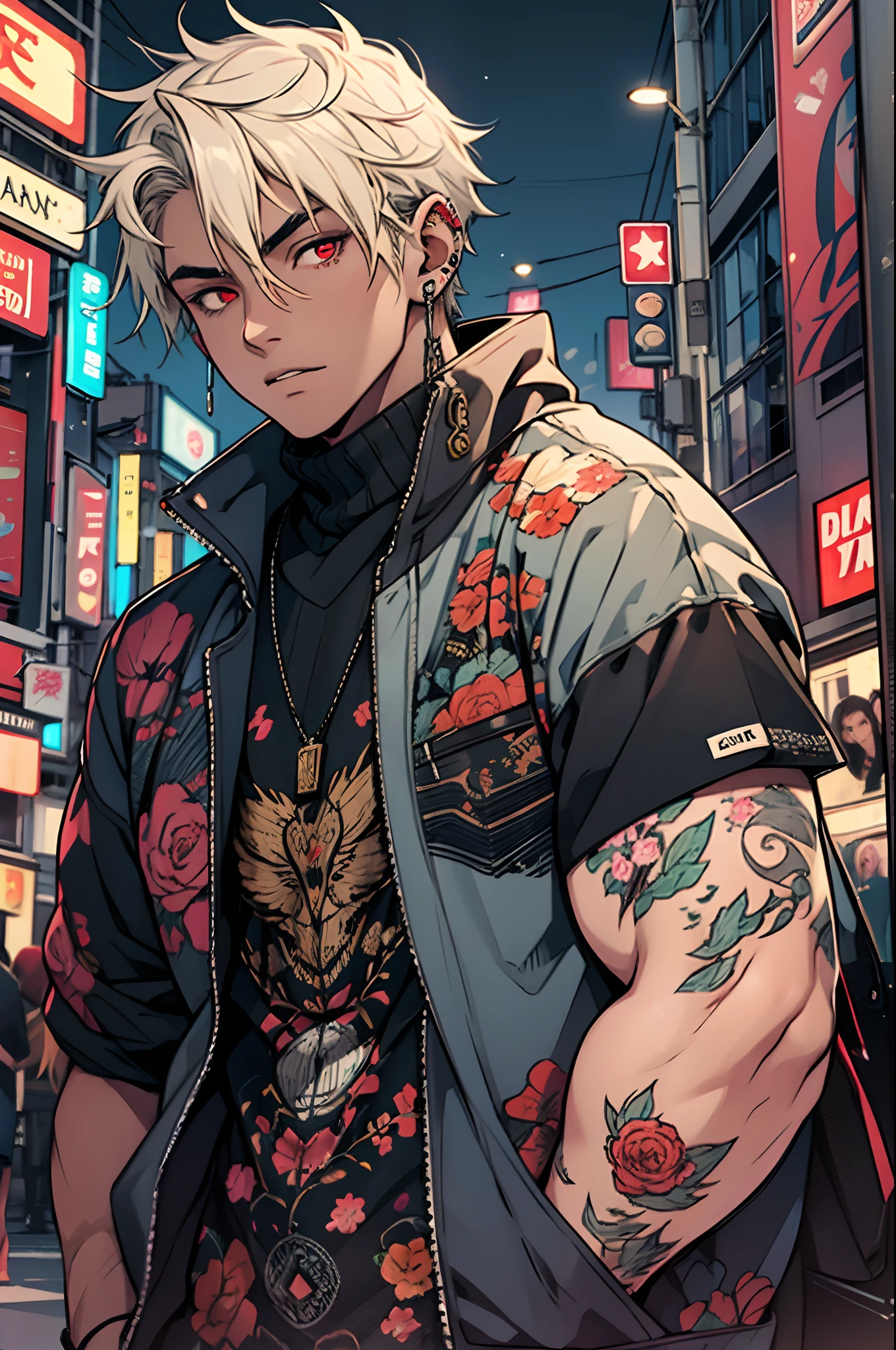 1boys,Single person,Young men,Y2K,Emo style,non-mainstream,Mines are boys,Harajuku style,Exaggerated dressing,Intricate ornaments,Rock style,Gothic style,rivet,ear studs,One-sided earring, pale blonde hair,silver ring,dark-skinned, dark-skin male, intricate red eyes, full body, night city skyline