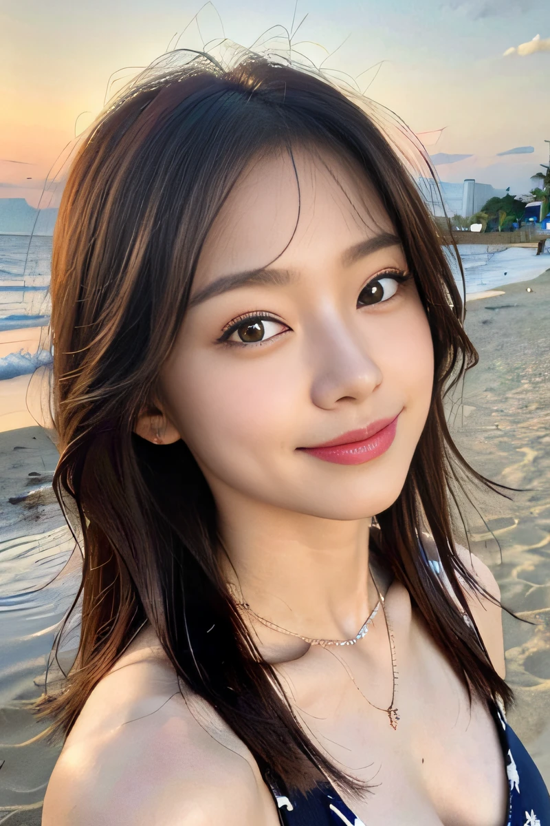 (masterpiece, best quality:1.4), (8k, raw photo, photo realistic:1.2), (shiny skin), detailed skin, detailed face, detailed eyes, 1girl, Japanese idol, extremely beautiful face, various poses, various hairstyles, various bikini, sandy beach, lighting like a movie, smile, happy, eyes light, necklace,