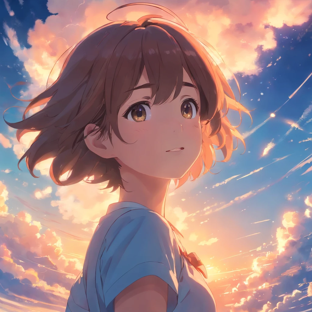 masterpiece, best quality, movie still, 1girl, cloud girl, floating in the sky, close-up, bright, happy, warm soft lighting, sunset, (sparks:0.7)