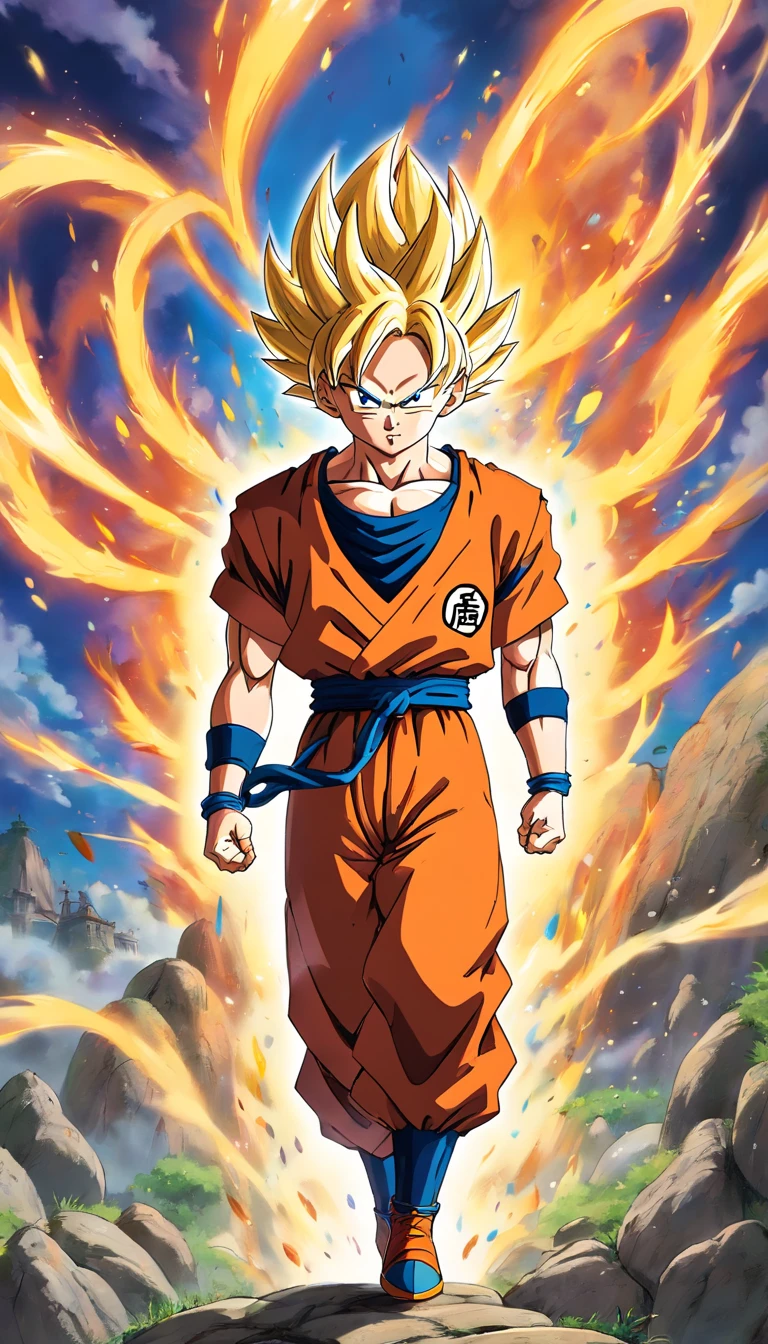 Um cara,Estilo de pintura Dragon Ball,Akira Toriyama estilo de pintura,Corpo de Bombeiros+vapor+Goku Mist, The top is broken, Saiyans full of blazing flames and pyrotechnic skills,actionpose,corpo inteiroesbian,(chama:0.7),Processamento proficiente de efeitos especiais,High detail