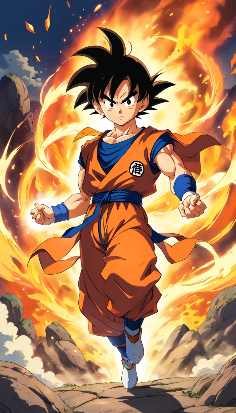 Um cara,Estilo de pintura Dragon Ball,Akira Toriyama estilo de pintura,Corpo de Bombeiros+vapor+Goku Mist, The top is broken, Saiyans full of blazing flames and pyrotechnic skills,actionpose,corpo inteiroesbian,(chama:0.7),Processamento proficiente de efeitos especiais,High detail