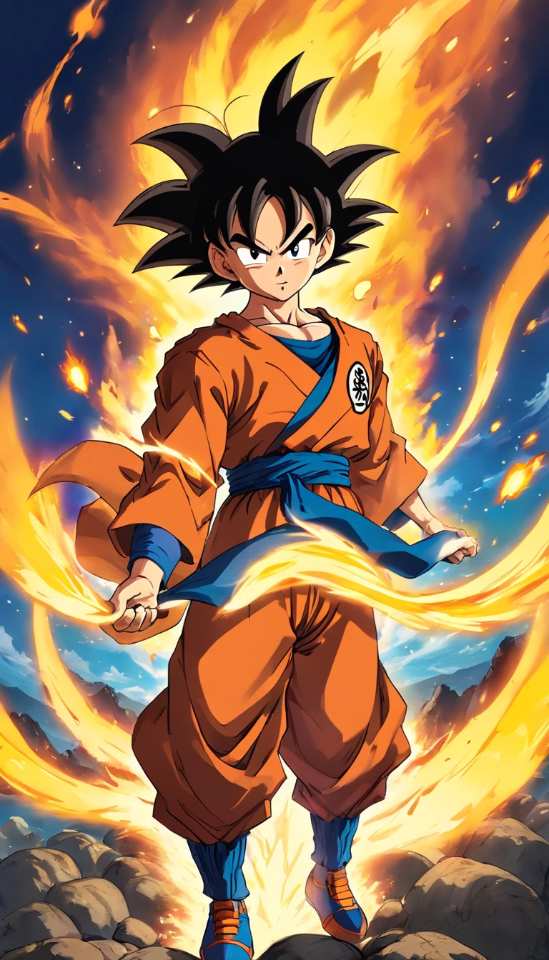 Um cara,Estilo de pintura Dragon Ball,Akira Toriyama estilo de pintura,Corpo de Bombeiros+vapor+Goku Mist, The top is broken, Saiyans full of blazing flames and pyrotechnic skills,actionpose,corpo inteiroesbian,(chama:0.7),Processamento proficiente de efeitos especiais,High detail