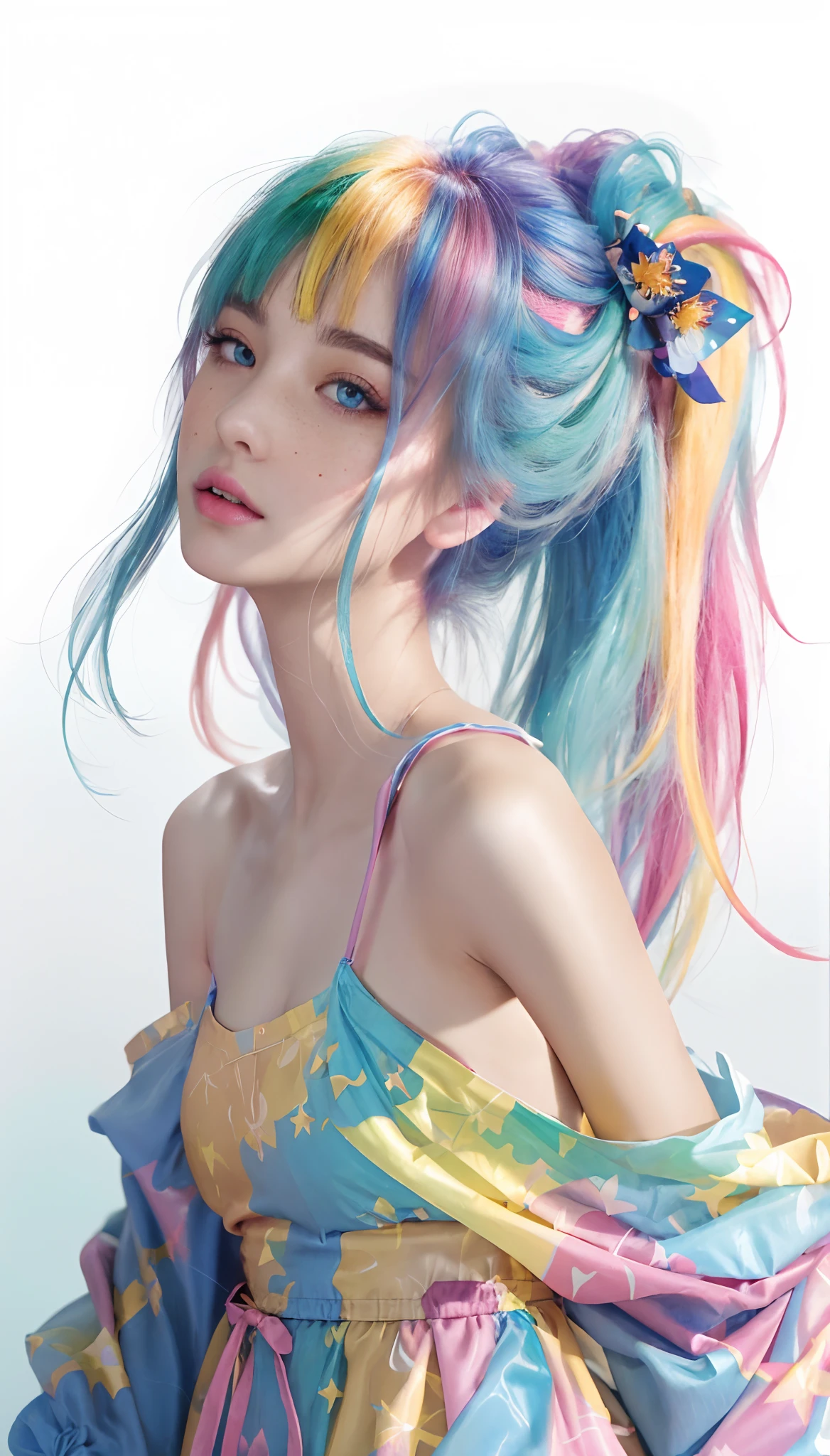 ((ultra detailed)),((Bright eyes)), (Detailed eyes) , 8k, blink blink, (The Little Faux Freckles Makeupgirl), ((realistic skin)), ((focus detailed 2 straps on the shoulders of dress)) , ((shiny facial skin)), with colorful hair and a colorful dress, rossdraws pastel vibrant, rossdraws cartoon vibrant, style anime 8k, beautiful portrait, artgerm colorful!!!, ! dream artgerm, beautiful anime girl, styled digital art, art wallpaper 8k, digital art, extremely detailed artgerm,