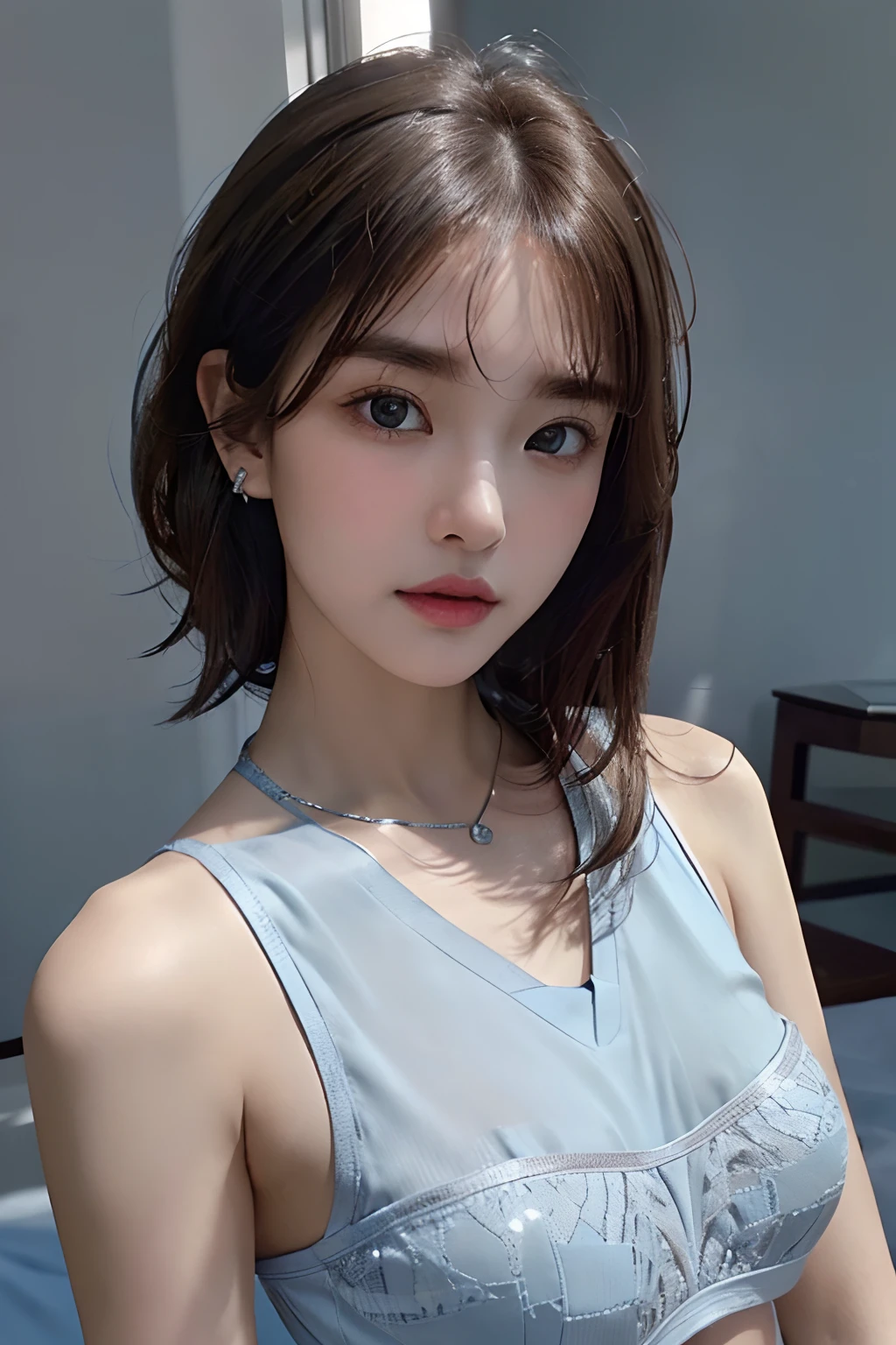(8K:1,5),Light brown shorthair and silver mix,、disheveled hair、Light brown eyes、(dignified expression)、(爆乳:1.5)、Emphasize the valley、(Photorealsitic)、Shadow、(The face of the golden ratio:1.2)、(intricate detailes:1.2)、(masterpiece、:1.3)、(top-quality:1.4)、(超A high resolution:1.2)、超A high resolution、(A detailed eye)、(Detailed ears)、(Detailed eyebrows)、(Detailed mouth)、(detailed facial features)、((Silver necklace))、Luxury Night Bar,(gals:1.2),(Light blue underwear:1.4),
