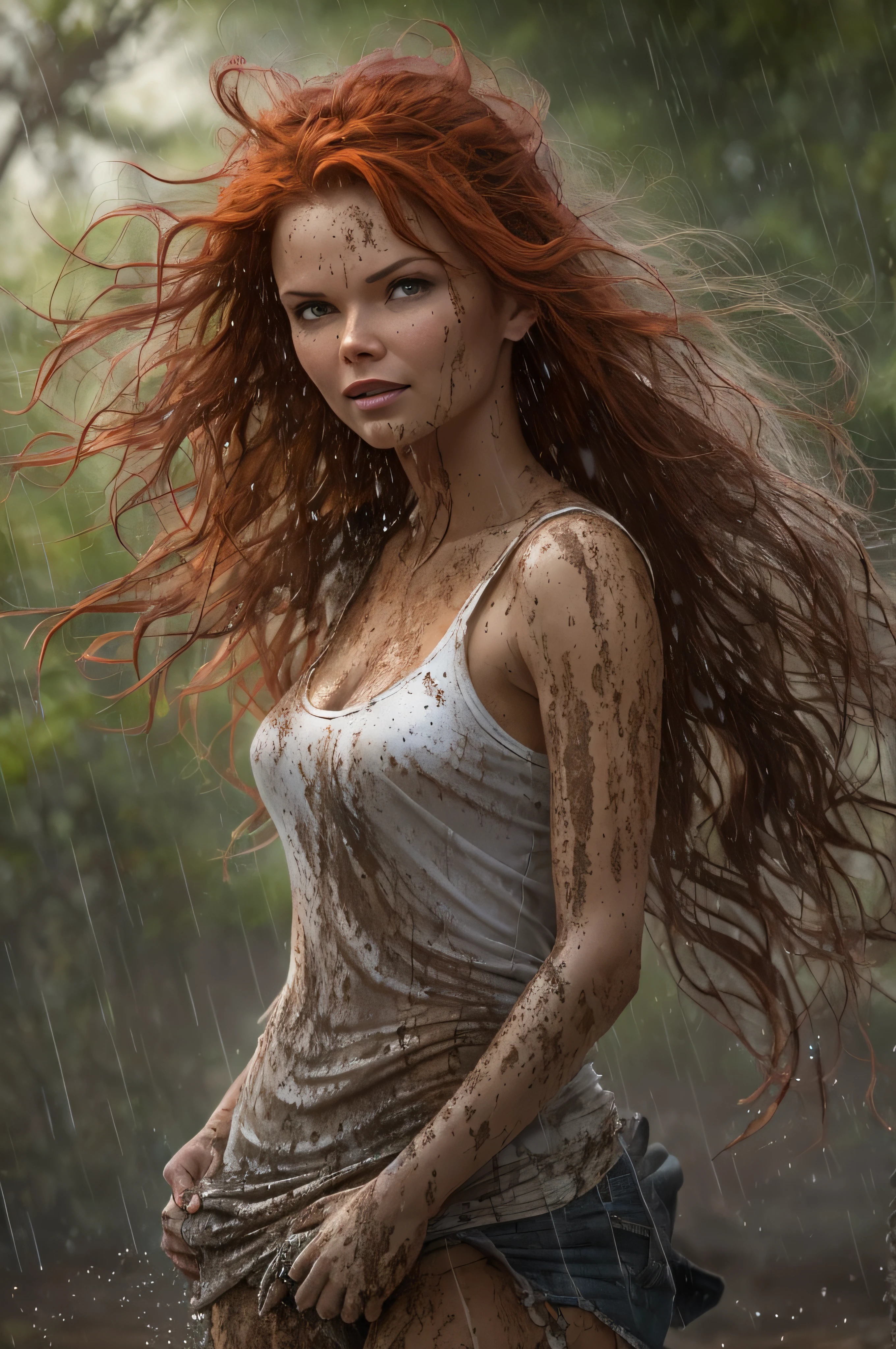 A very violent current plagues the staff. Bright lightning beams flash through the sky everywhere. There is also a violent wind, and the water is everywhere at and height of one meter. An illustration that encapsulates the beauty of a red-redd-haired, brown-skinned, DINA MEYER, dressed with a slip full of mud spots and long white wide open badly damaged, torn loose clothes, full of mud spots, having fun in the mud within a tranquil rural setting on a misty morning. Mud everywhere, Despite being covered in mud, dressed with a short and long white shirt full of mud. She possesses happy and alluring eyes and a well-proportioned body. She enjoys the rain and smiles cheerfully, natural beauty, forest, feminine, rain, river bank, sultry beauty.