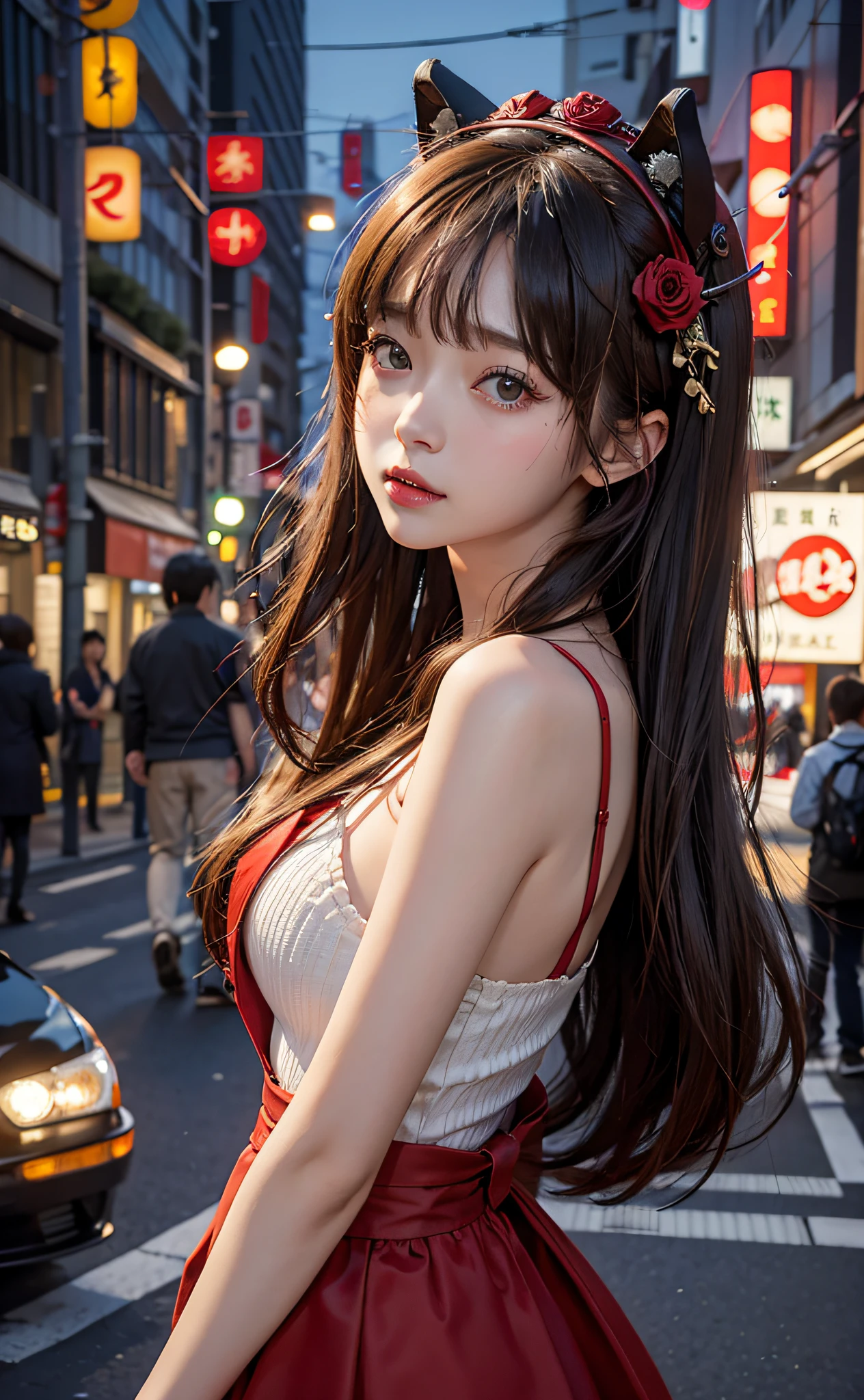 top-quality、​masterpiece、realisitic、realistic、8k、1 RAW Photo Girl、Tokyo Street、natta、A city scape、city light、The upper part of the body、a closeup、Red rose headgear、Parted bangs、Long
