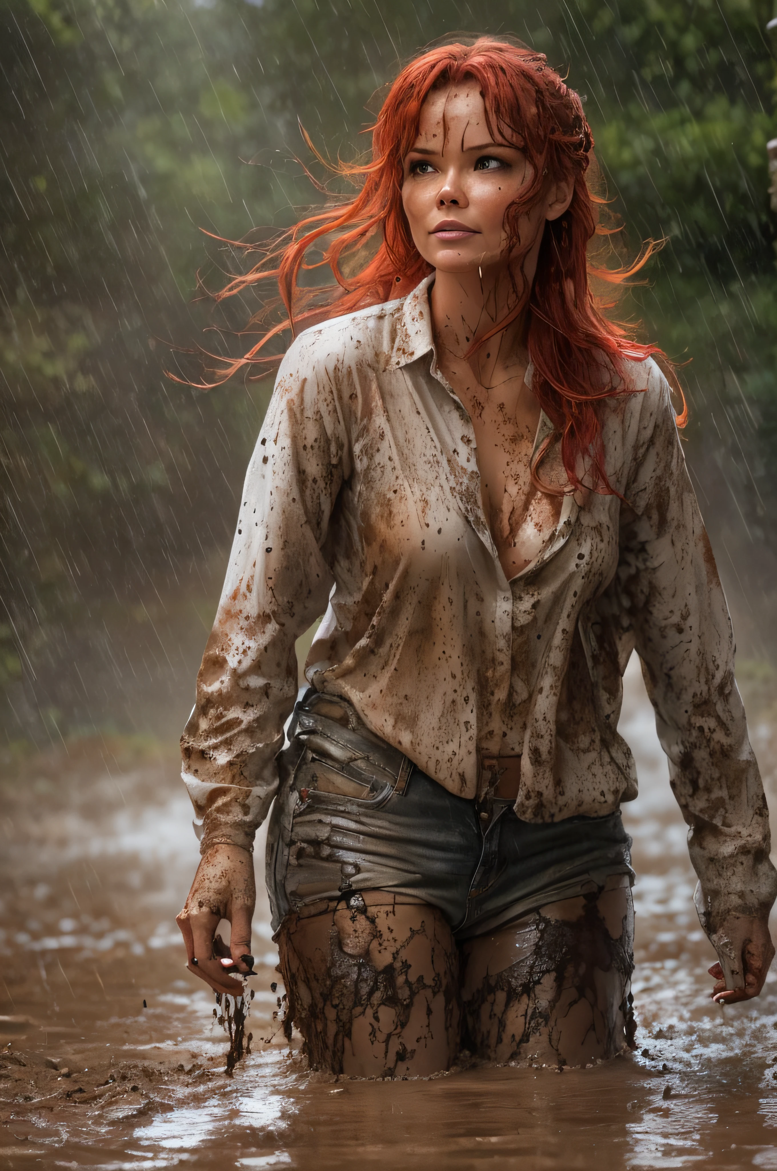 A very violent current plagues the staff. Bright lightning beams flash through the sky everywhere. There is also a violent wind, and the water is everywhere at and height of one meter. An illustration that encapsulates the beauty of a red-redd-haired, brown-skinned, DINA MEYER, dressed with a slip full of mud spots and long white wide open badly damaged, torn loose clothes, full of mud spots, having fun in the mud within a tranquil rural setting on a misty morning. Mud everywhere, Despite being covered in mud, dressed with a short and long white shirt full of mud. She possesses happy and alluring eyes and a well-proportioned body. She enjoys the rain and smiles cheerfully, natural beauty, forest, feminine, rain, river bank, sultry beauty.