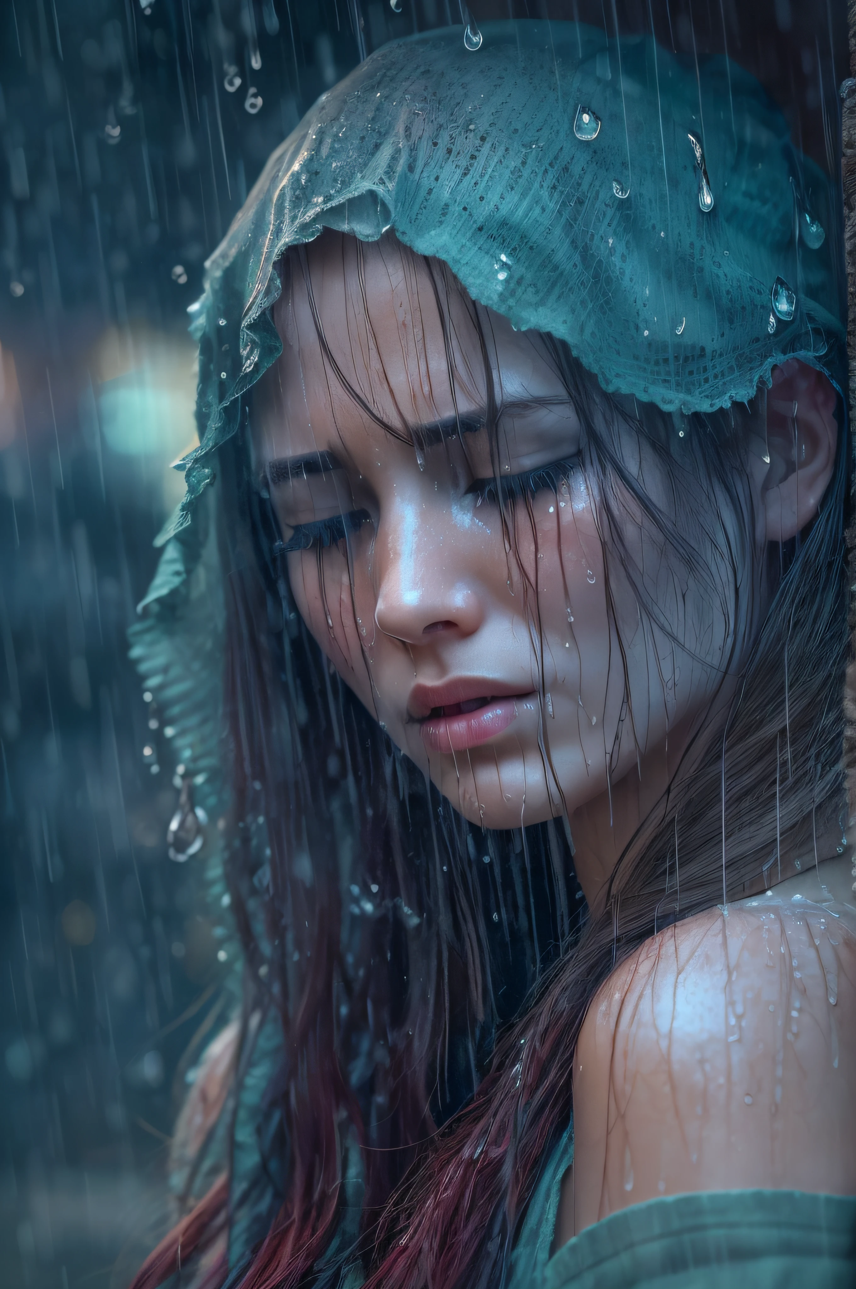In the midst of a gentle rain, a stunningly wet sitting beautiful woman with big breasts, and long red wet hair stands, tears streaming down her cheeks, her face, with open eyes, sadness. sad fearing expression, dressed in an ice-blue, irreparably damaged, torn loose dress. The soft raindrops seem to commingle with her tears, creating a tender and intimate moment. As the light filters through the rain, it bathes her in a serene glow, adding to her ethereal presence despite her deep sorrow. This poignant scene serves as a reminder of the delicate interplay between emotions and nature, evoking a sense of empathy and admiration for the woman's beauty and resilience in the face of sadness. Eyes open
