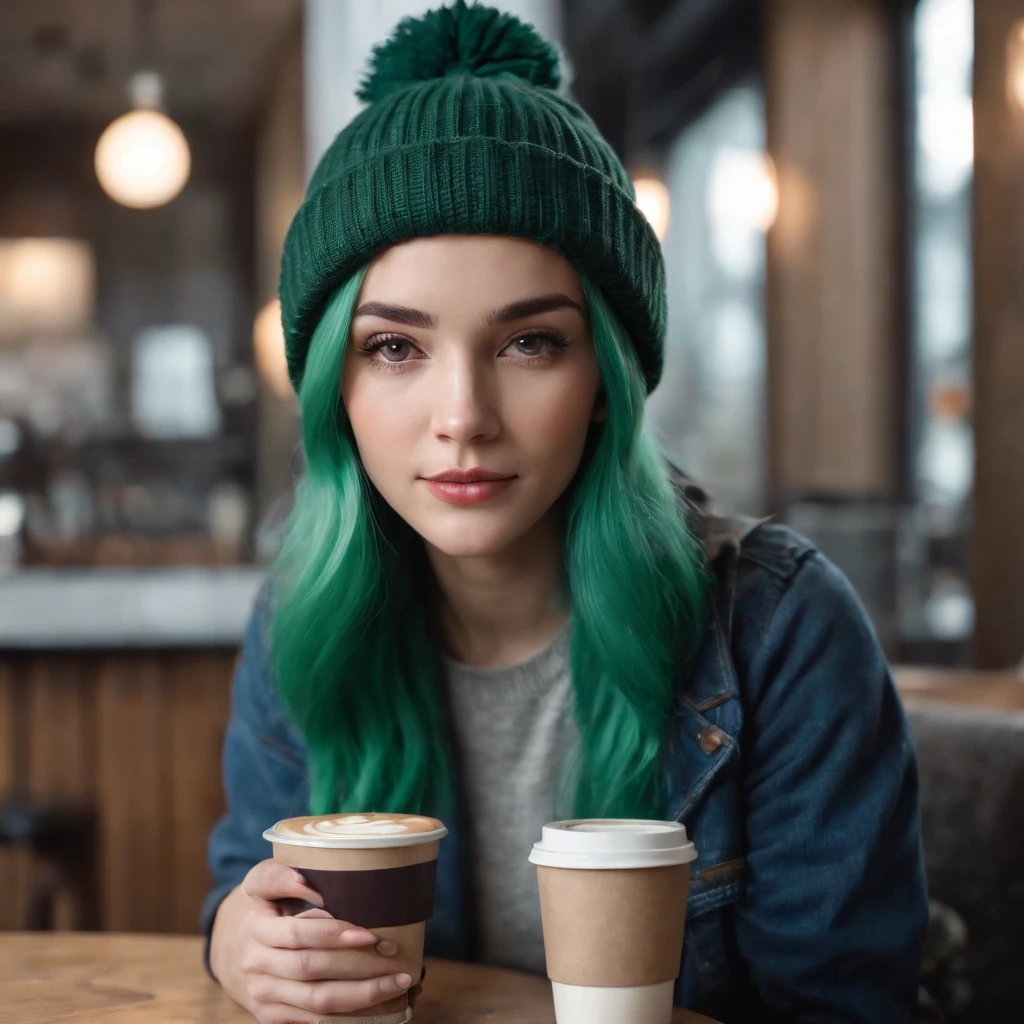 1girl, solo, Coffee shop, green hair, beanie, sweater, jeans, sitting on chair, dynamic pose, indoors,
