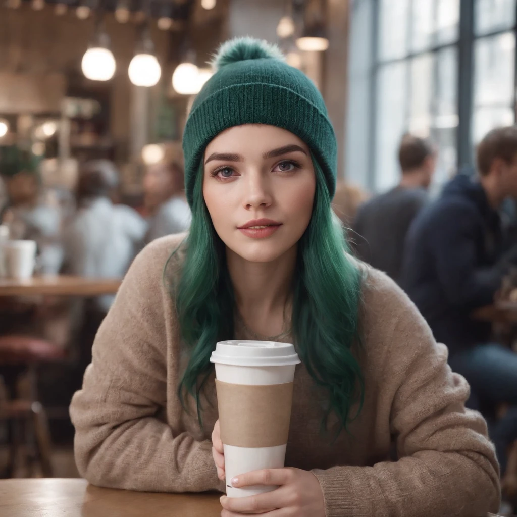 1girl, solo, Coffee shop, green hair, beanie, sweater, jeans, sitting on chair, dynamic pose, indoors,