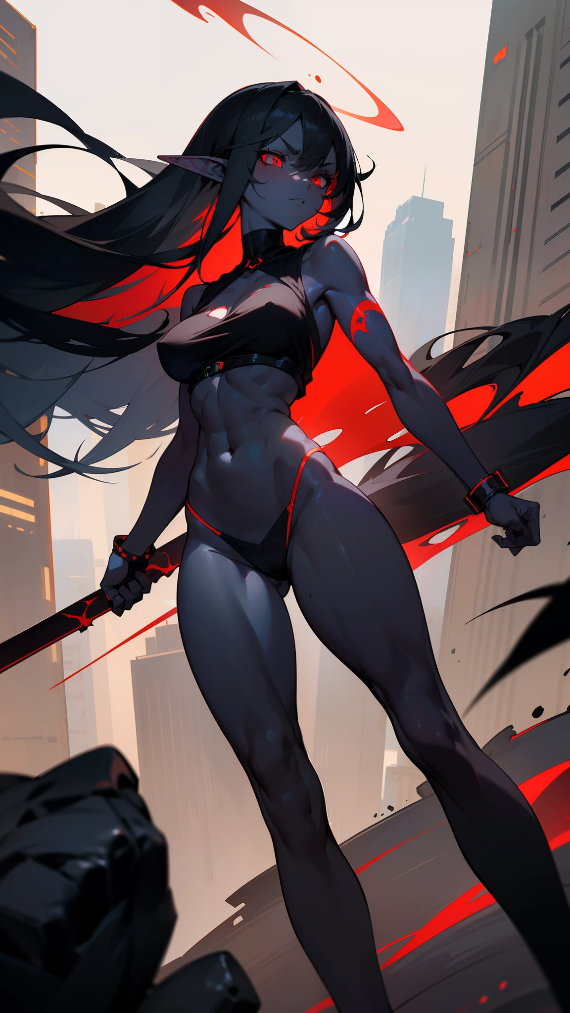 1humanoid woman ,30 years old,tall,fat body,angry face,(bare body),bare belly,sleeveless and shoulderless t-shirt,cleavage,medium breast,black hair,extra long hair,(((colored skin,black body,extremaly black body))),red sclera,a dark shapeless creature with a dark red glow and red eyes and surrounded by darkness,detailed eyes,elf ear,red pupils,sexy body,mature body, attacking a city in night
