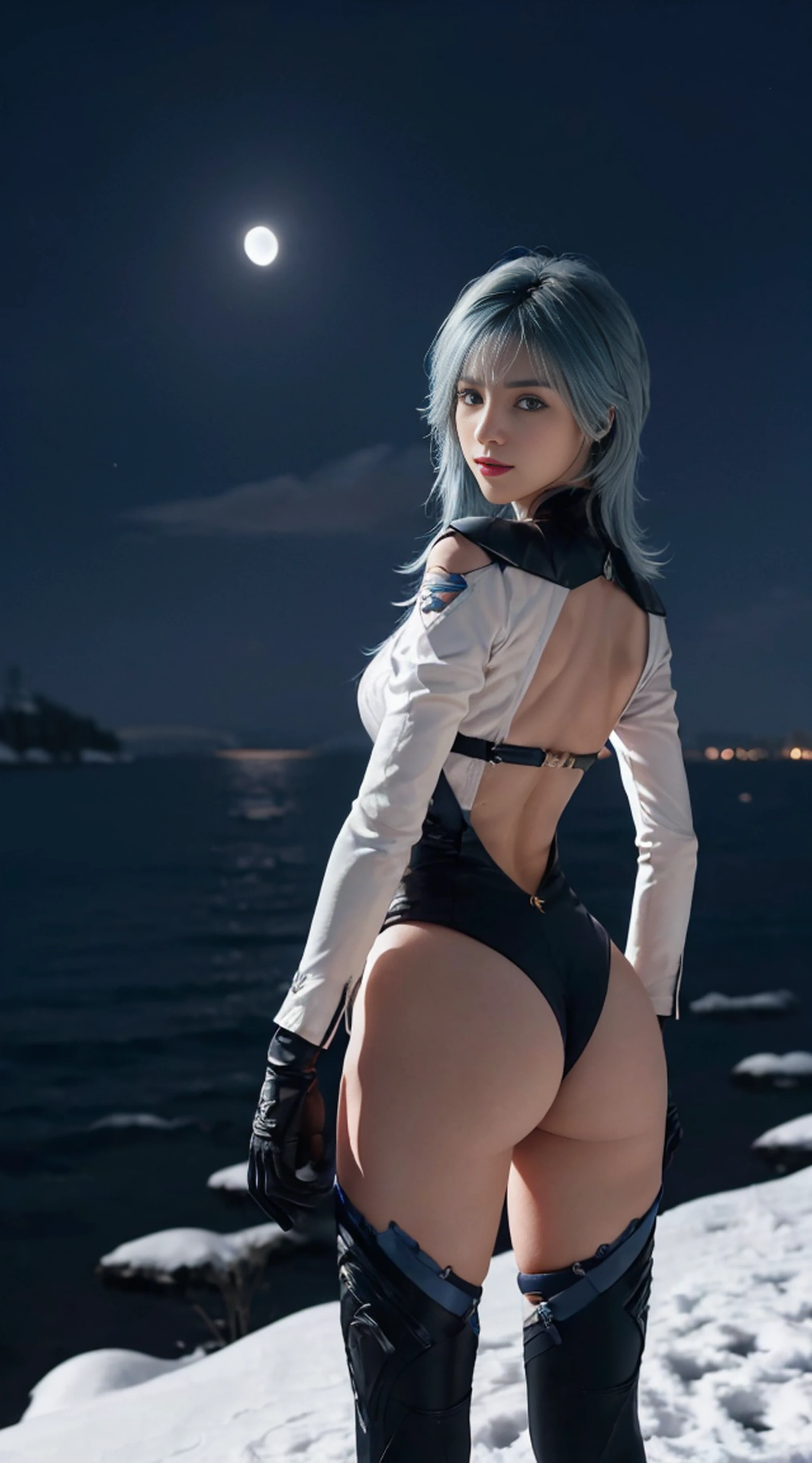 8K, Top Quality, Intricate Details, Ultra Detail, Ultra High Resolution, Masterpiece, ((from behind)), Slender, Smile, (Makeup: 0.4), (Fluffy Blue Eyes: 1.21), blue Eyes, looking background, ((full body)), 1girl, solo, 1 girl, (( full body)), close up shot, standing , ((tall)), (((fit body))), (((slim face))), sharp face, sharp eyes, (((sky blue hair, long hair, bangs)) (detailed face), sharp face, small lips, ((battlesuit, gloves)), detailed face, detailed breast, , large breast, detail ass, big ass, round ass , Beautiful girl with accentuated slender abs: 1.4, Six Pack Abs: 1.4, Bust Botox, Big, Perfect Body, detail leg, (( moonlight)), in the snow