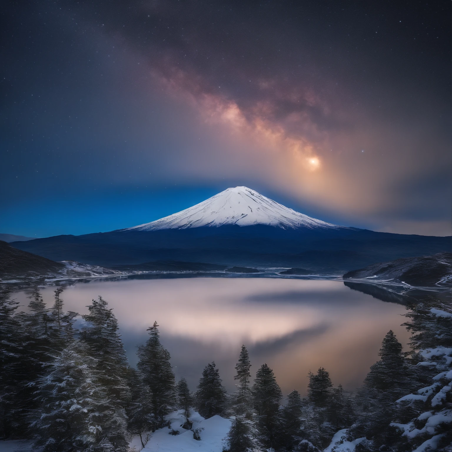 Master Parts、Superior Quality、superior image quality、The 8k quality、Beautiful pictures of the starry sky、magnifica、Arched Milky Way:1.9、Mt fuji、Blue glowing lake:1.9、(snowscape:1.9)
