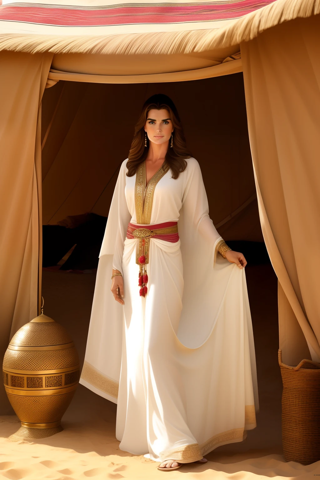 Brooke Shields,1garota, cabelos longos ondulados, pelos castanhos, olhos azuis, corpo delgado, olhar inquietante, wearing sensual clothing of an Arab princess, Standing in a Bedouin tent, bare foots, Brooke Shields jovem,((cena perfeita)), natural lightting,((arte detalhada)),((enquadramento perfeito))