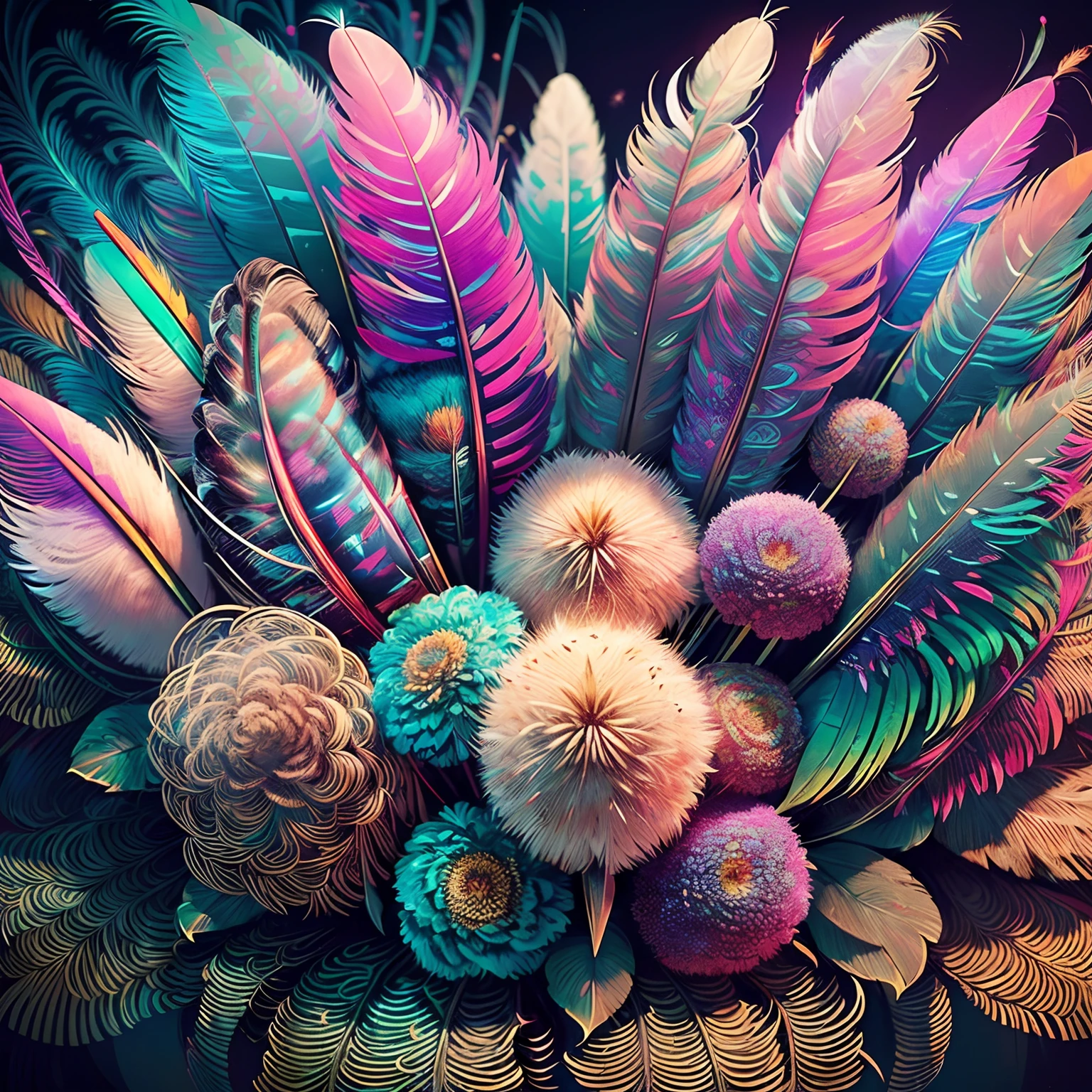 Riff Style 2 (masutepiece, top-quality, Best Quality, Official art, Plants and bird feathers, Beautiful and aesthetic:1.2), (Pampas grass:1.3), Extremely detailed,(Fractal Art:1.1),(Colorful:1.1)(Flowers:1.3),highest details,(Zentangle:1.2), (Dynamic Pose), (Abstract background:1.3), (Shiny skin), (Many colors:1.4), ,(earrings), (Feathers:1.5)