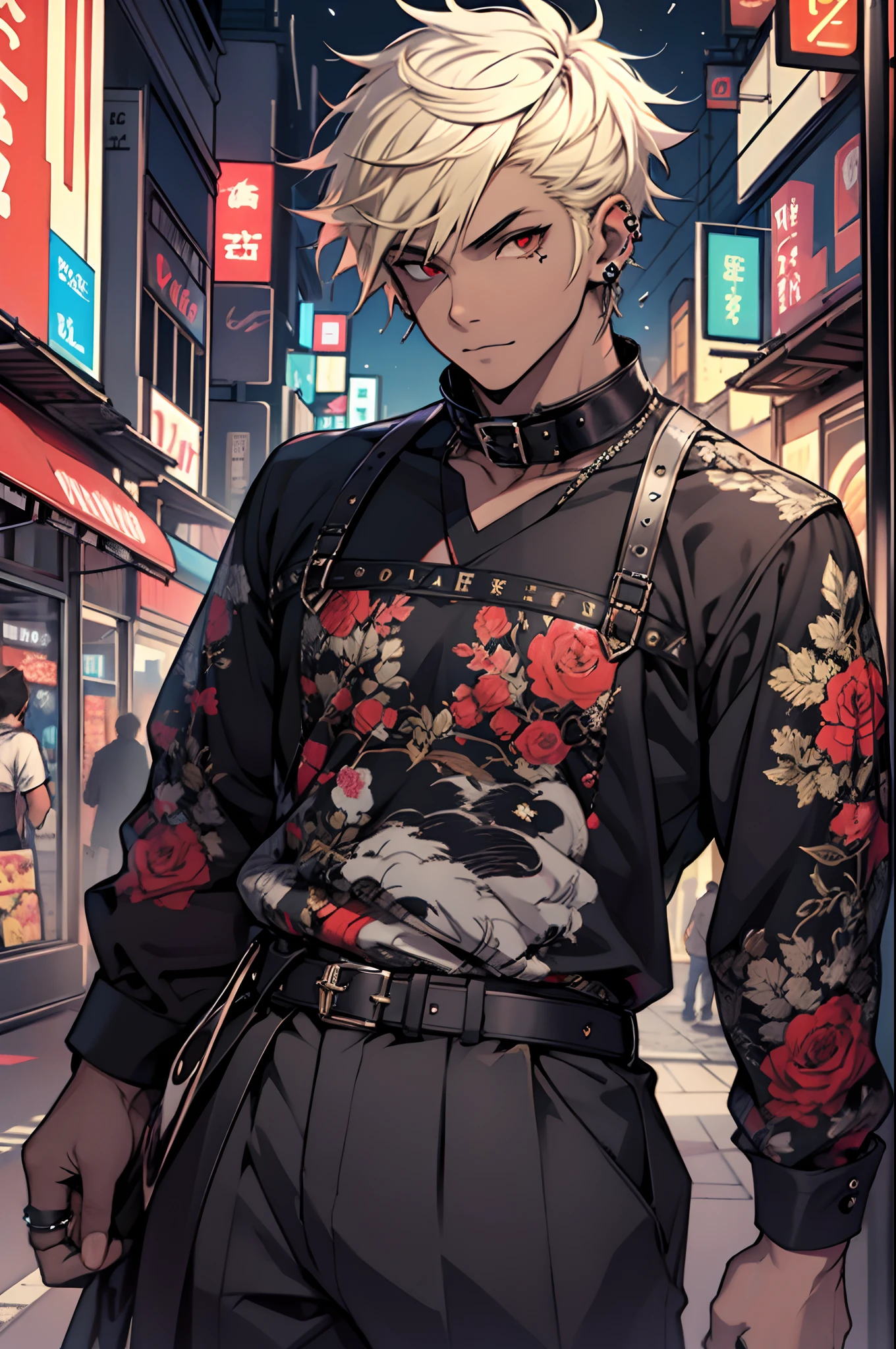 1boys,Single person,Young men,Y2K,Emo style,non-mainstream,Mines are boys,Harajuku style,Exaggerated dressing,Intricate ornaments,Rock style,Gothic style,rivet,ear studs,One-sided earring, pale blonde hair,silver ring,dark-skinned, dark-skin male, intricate red eyes, full body, night city skyline
