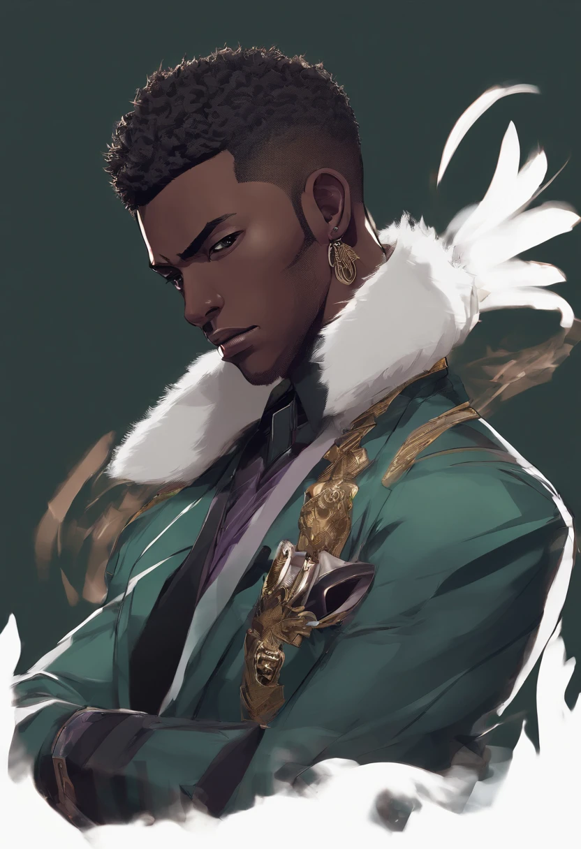 a close up of a dark skin person wearing a formal shirt with pinstripe pants and black boots, while sporting a pair of brass knuckles and a burgundy jacket with skull insignias adorning the arms and a fur collar. This creates the visage of a high-class gangster. , African American character in tekken, dark green eyes, undercut hairstyle, half body close-up shot, male character, single character full body, full body shot hyperdetailed, style of mirror\'s edge, kentaro miura style, half body render,, highly detailed half body, half body portrait shot